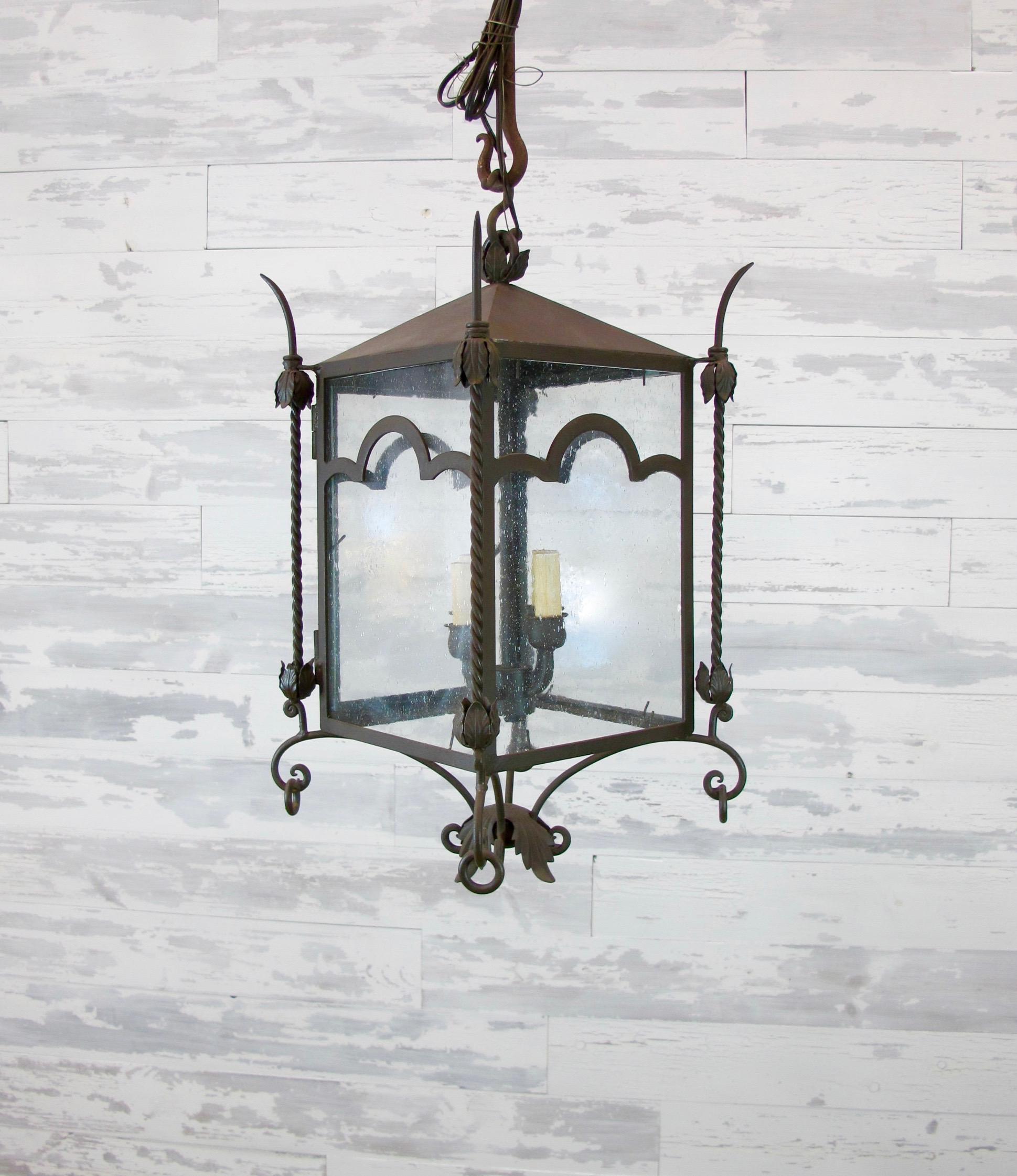 Arched Iron Large Hanging Lantern In New Condition For Sale In Encinitas, CA