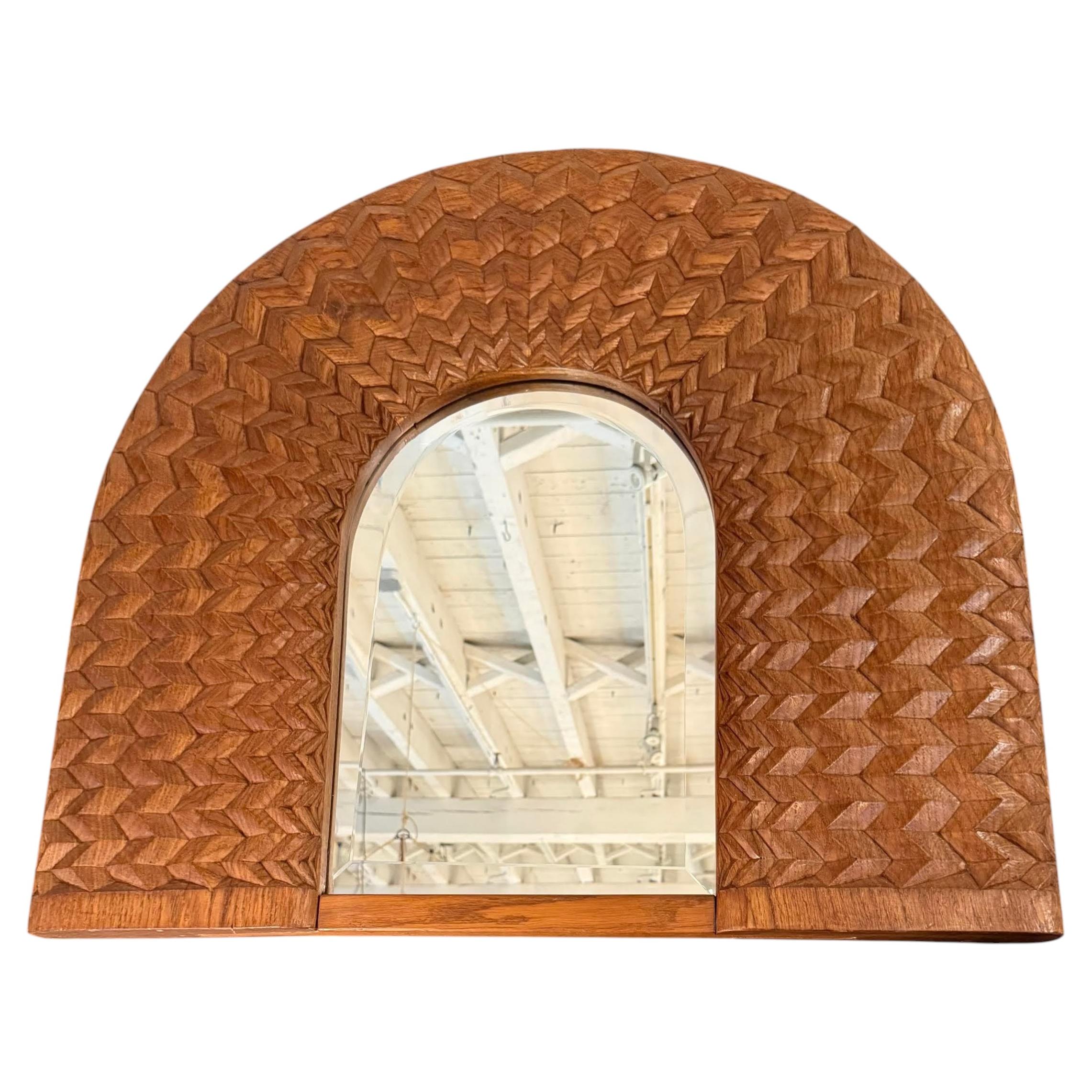 1980s Arched Oak Wall Mirror by Giuseppi Rivadossi, Chevron Design For Sale