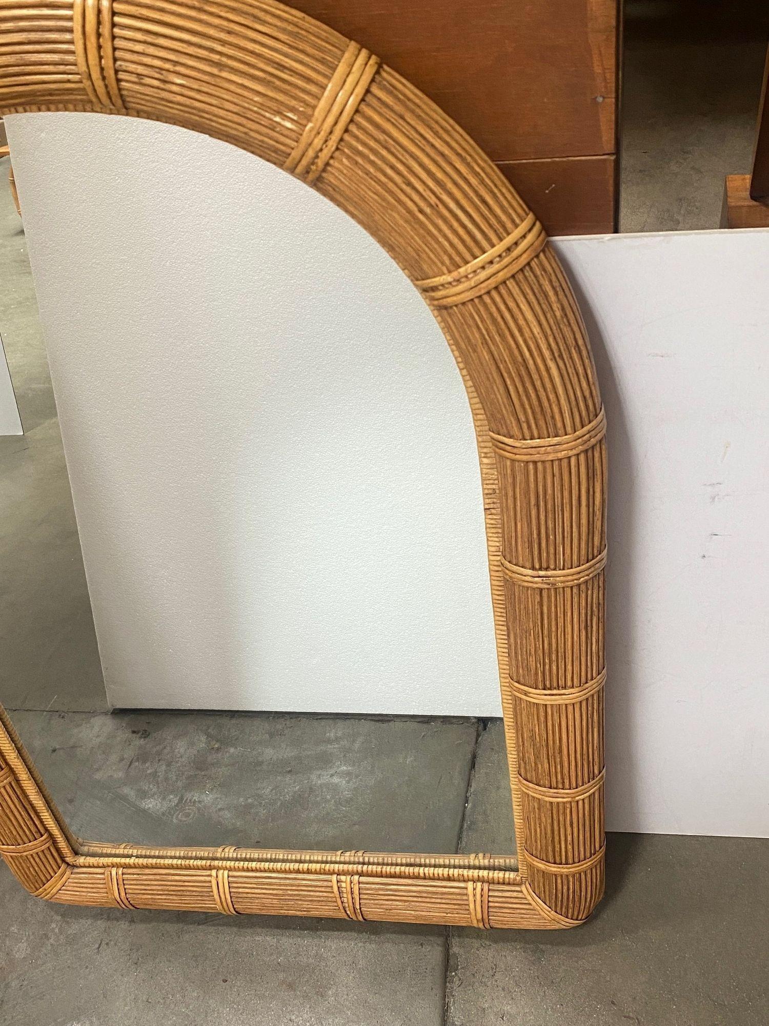 American Restored Arched Pencil Reed Rattan Wall Mirror with Wrapping For Sale