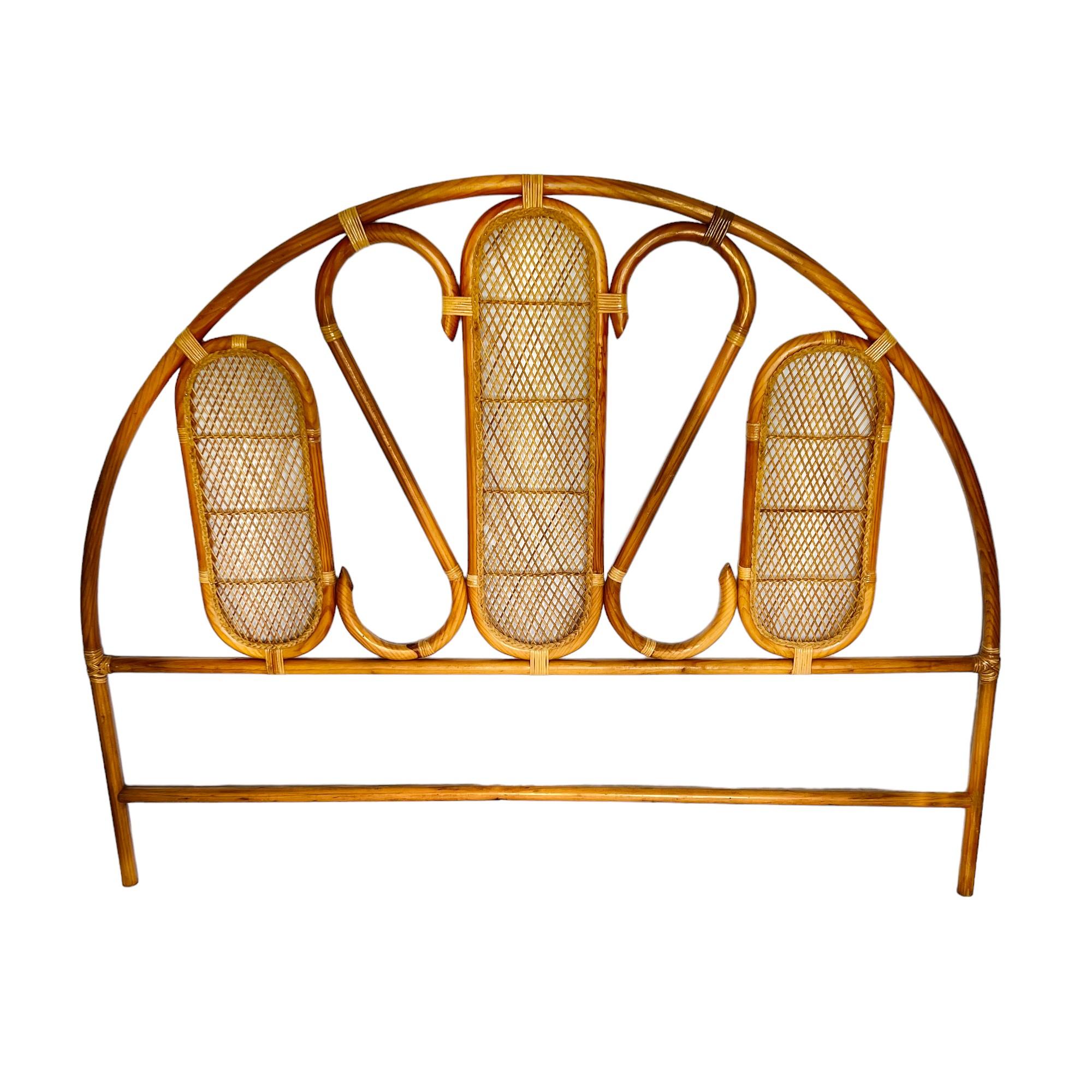 Unknown Arched Rattan Woven Reed King Headboard, 1970s