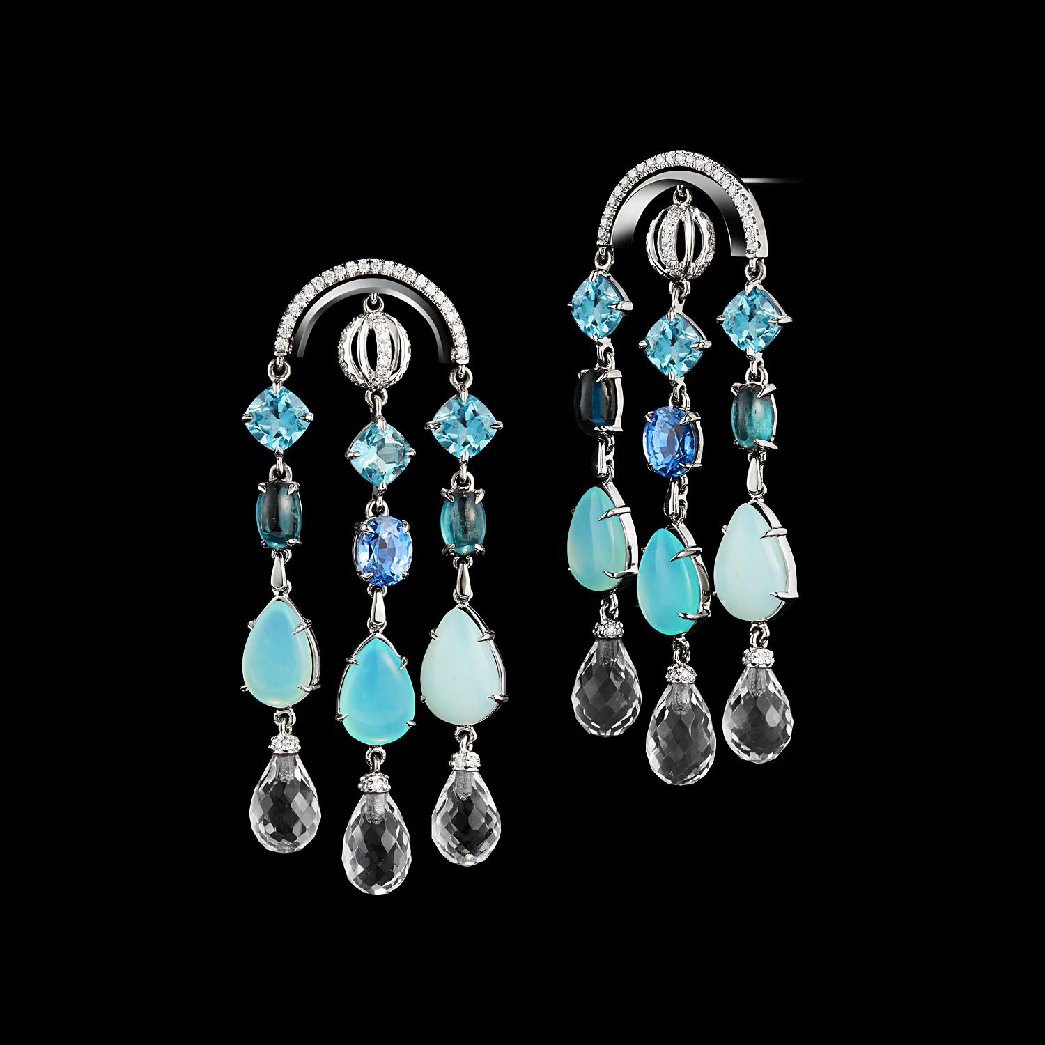 *Please contact us for more information on this piece or on creating your own Alexandra Mor custom Design. 

A pair of one-of-a-kind Alexandra Mor Sautoir Arched Earrings featuring Diamonds & Precious Stones with a mix of 6 Cushion Cut Blue Topaz