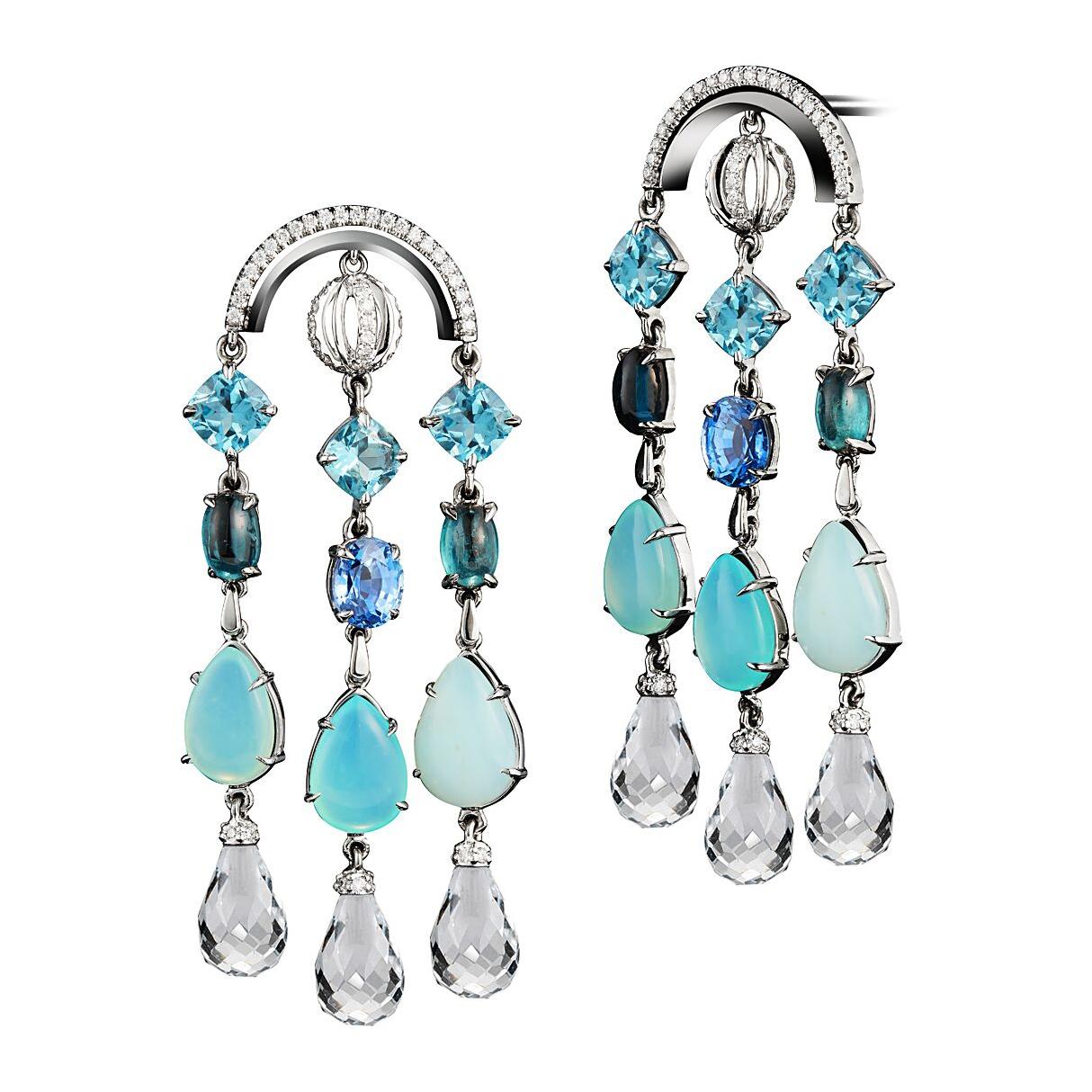 Arched Sautior Earrings with Diamonds, Precious Stones and Snowflakes For Sale
