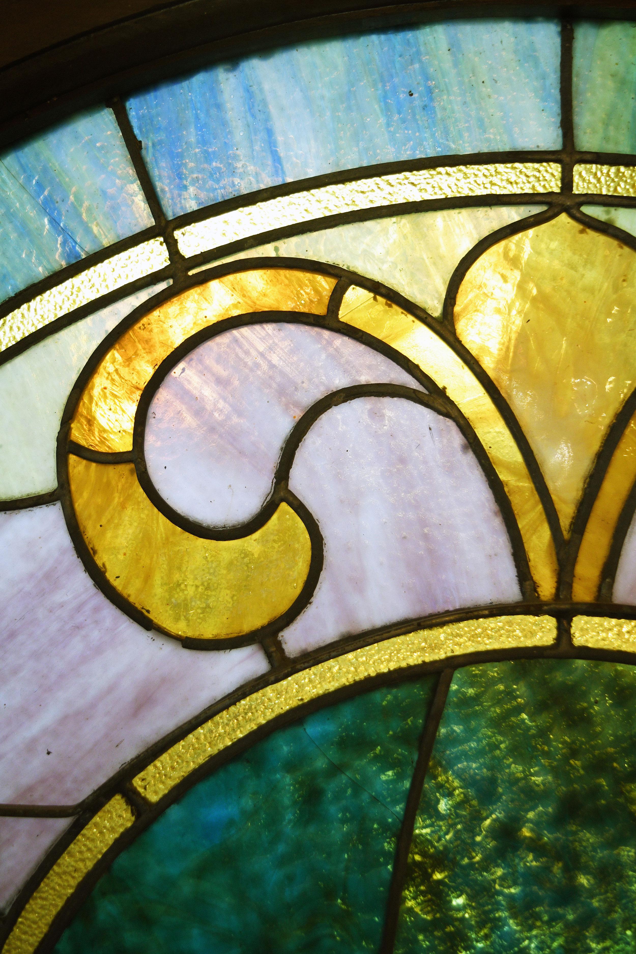 American Arched Stained Glass with Painted Dove and Bible