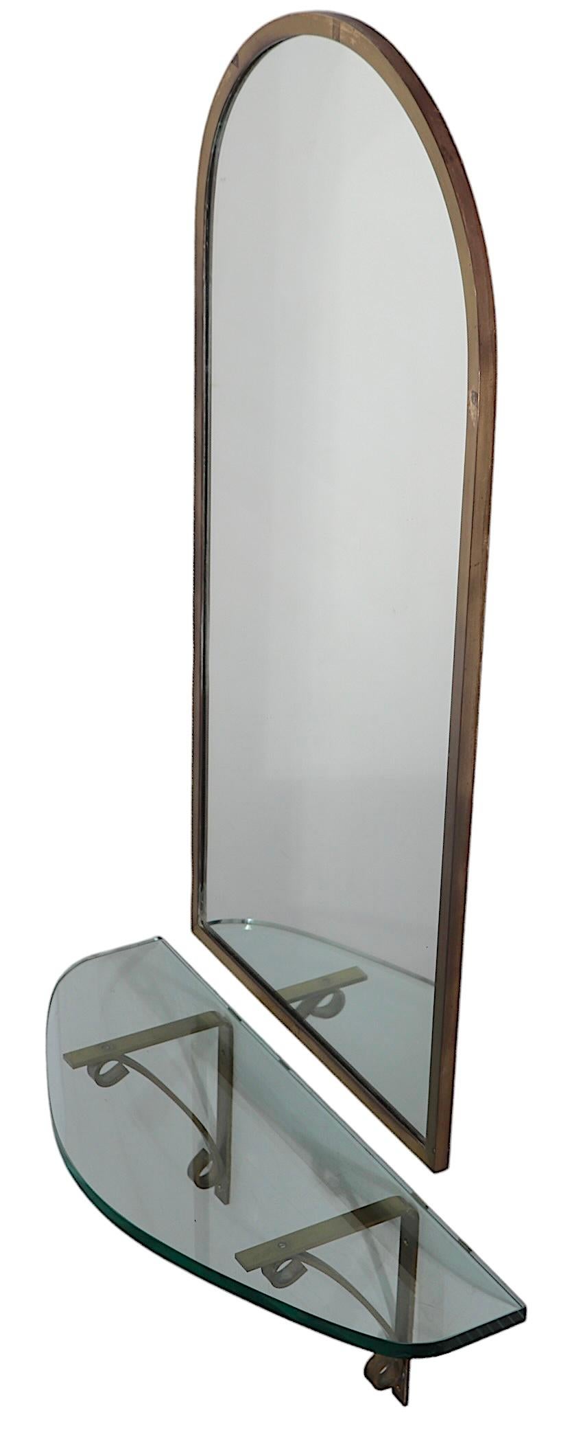 Arched Top Brass Framed Mirror over Wall Mount  Glass Shelf with Brass Supports For Sale 8