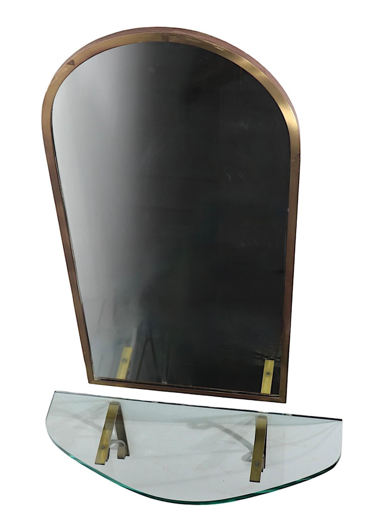 Arched Top Brass Framed Mirror over Wall Mount  Glass Shelf with Brass Supports For Sale 10
