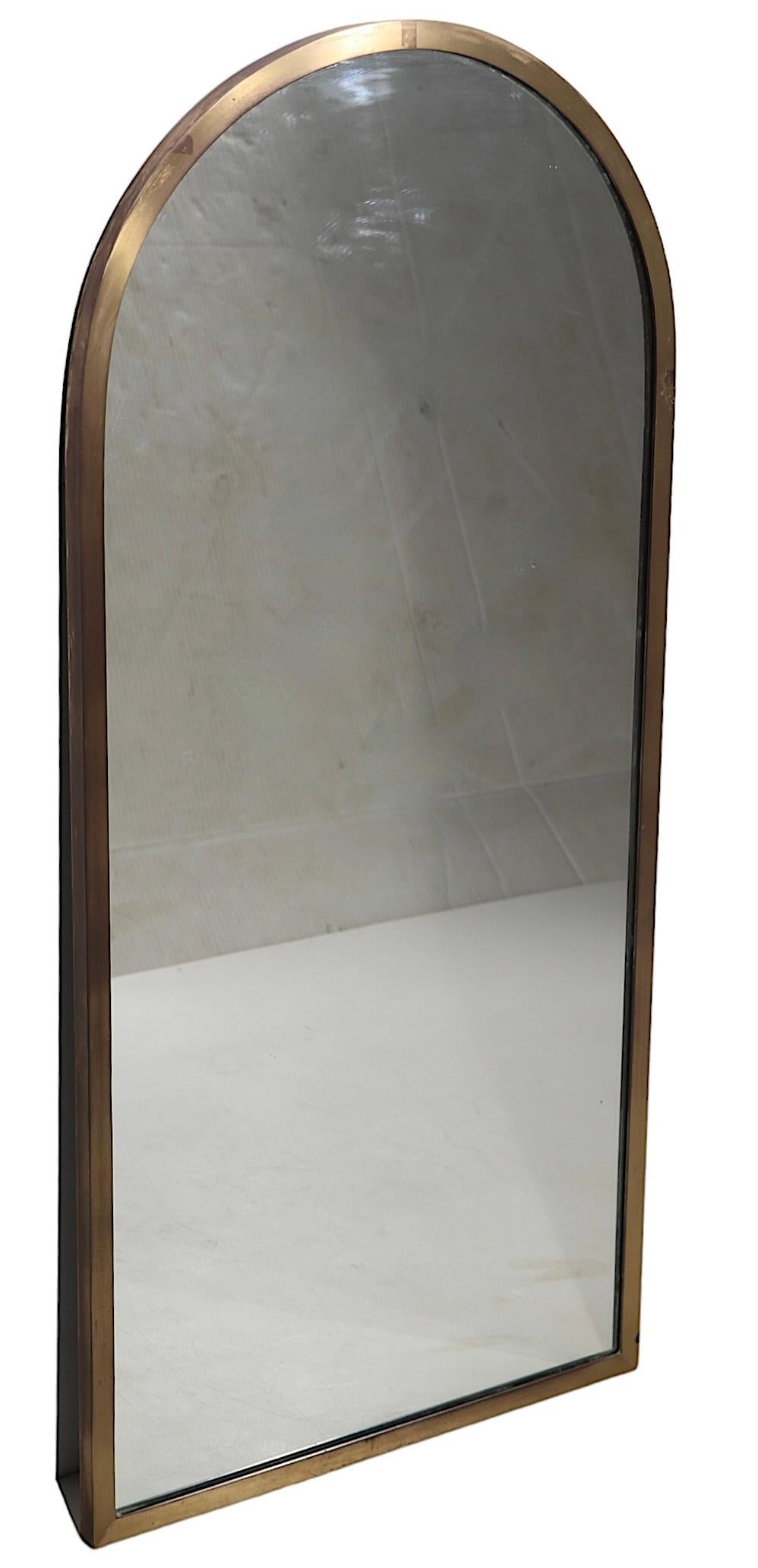 Arched Top Brass Framed Mirror over Wall Mount  Glass Shelf with Brass Supports For Sale 12