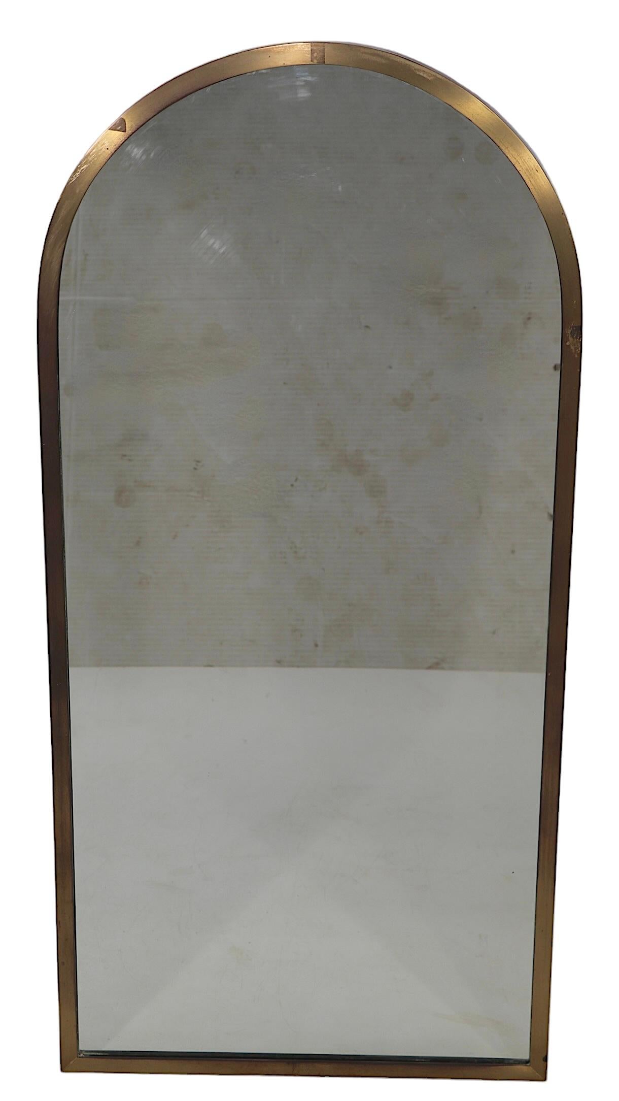 Arched Top Brass Framed Mirror over Wall Mount  Glass Shelf with Brass Supports For Sale 13