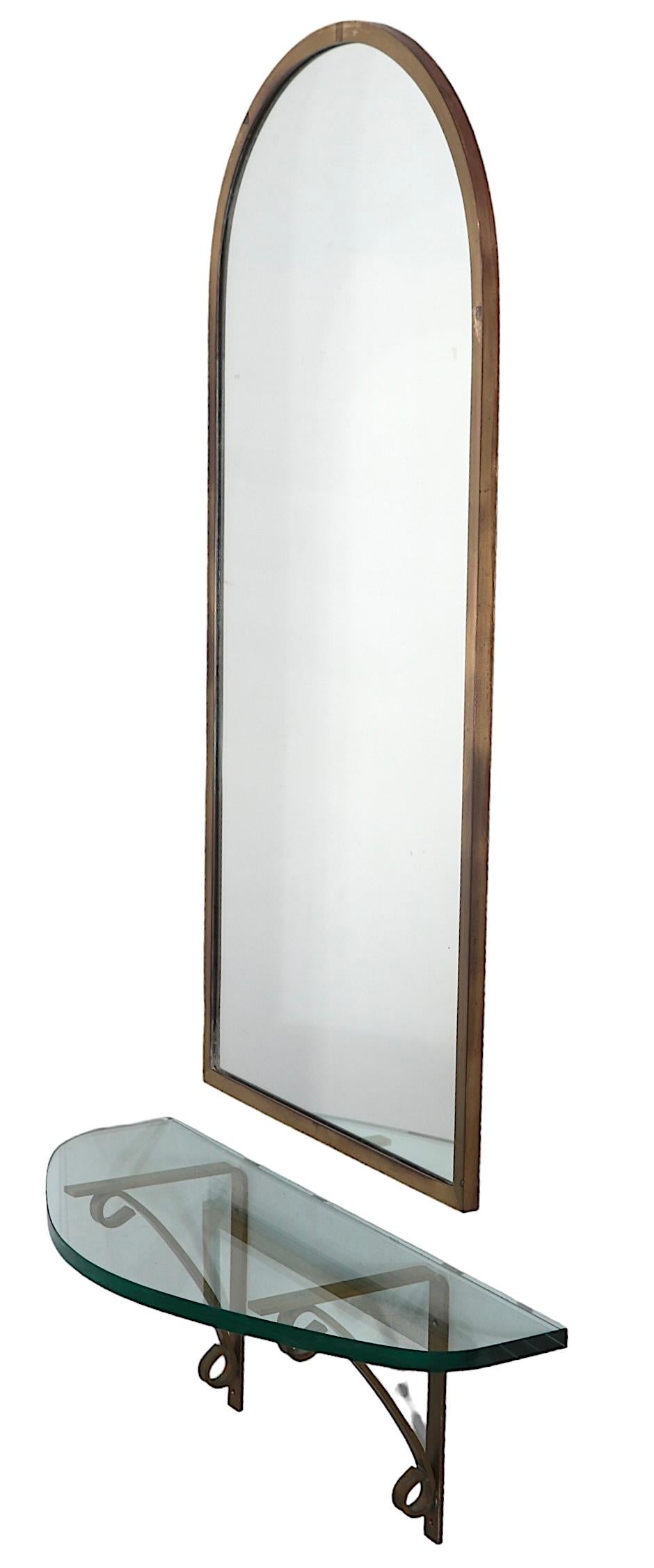 Arched Top Brass Framed Mirror over Wall Mount  Glass Shelf with Brass Supports For Sale 14