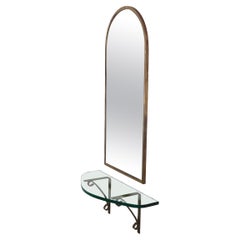 Arched Top Brass Framed Mirror over Wall Mount  Glass Shelf with Brass Supports