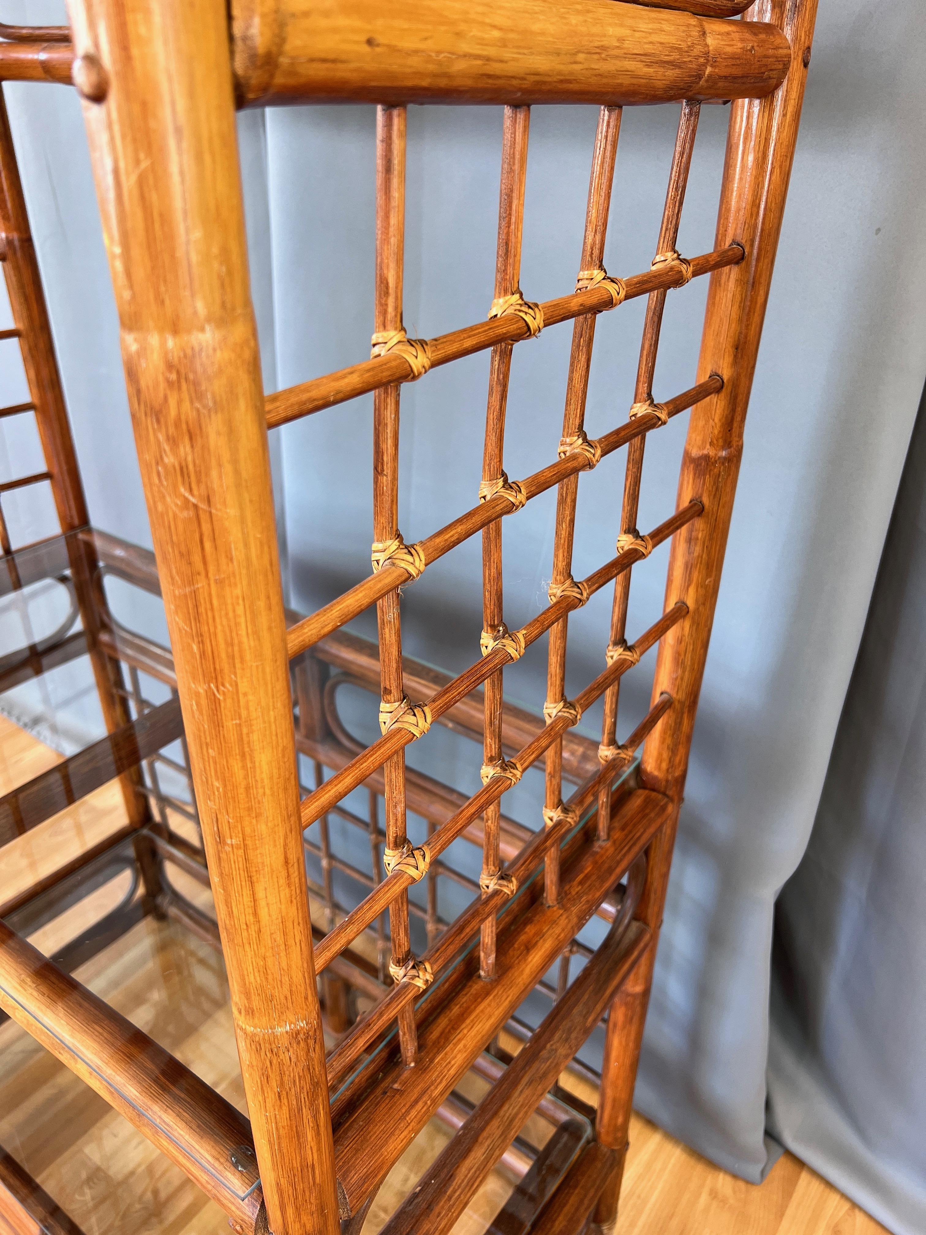 Arched-Top Stained Rattan Étagère with Three Glass Shelves, 1970s For Sale 7
