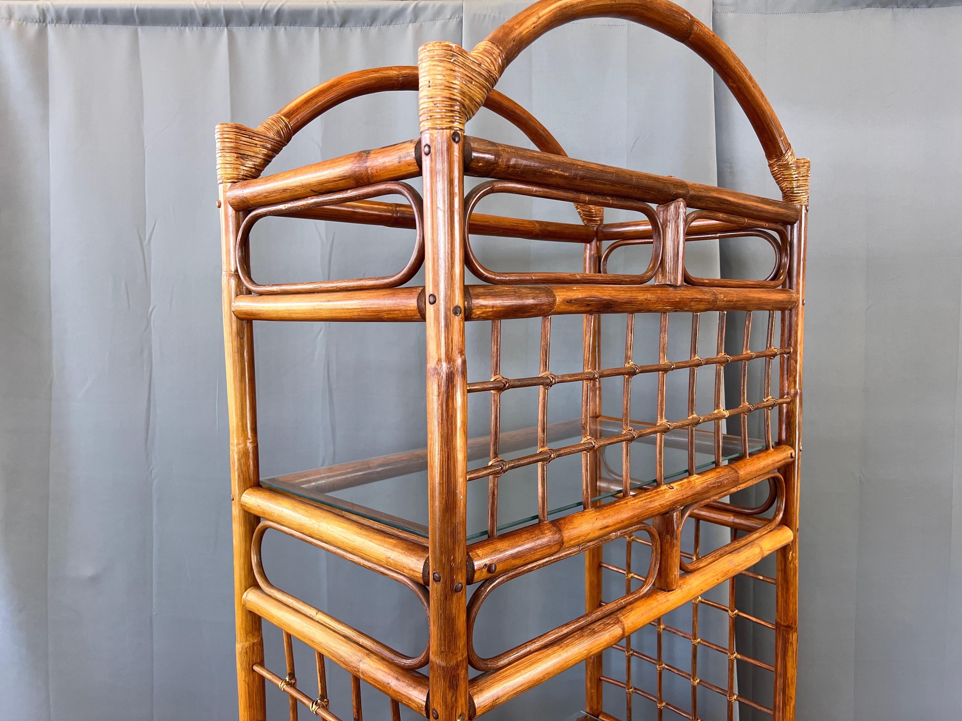Arched-Top Stained Rattan Étagère with Three Glass Shelves, 1970s For Sale 8