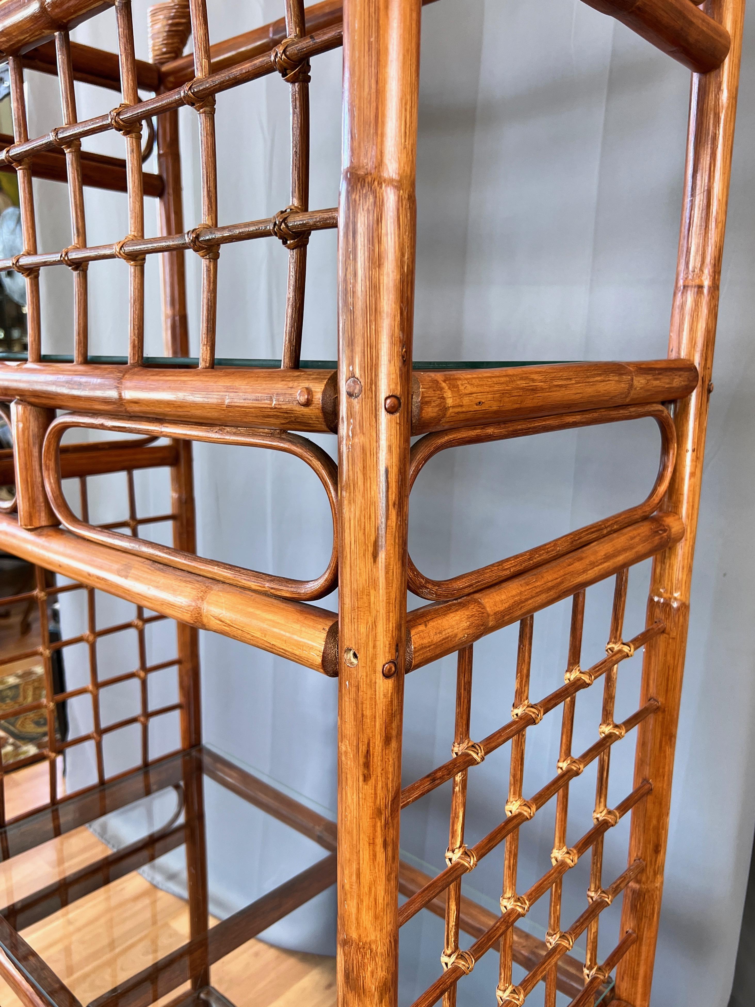 Arched-Top Stained Rattan Étagère with Three Glass Shelves, 1970s For Sale 9