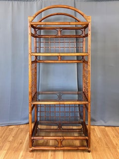Arched-Top Stained Rattan Étagère with Three Glass Shelves, 1970s