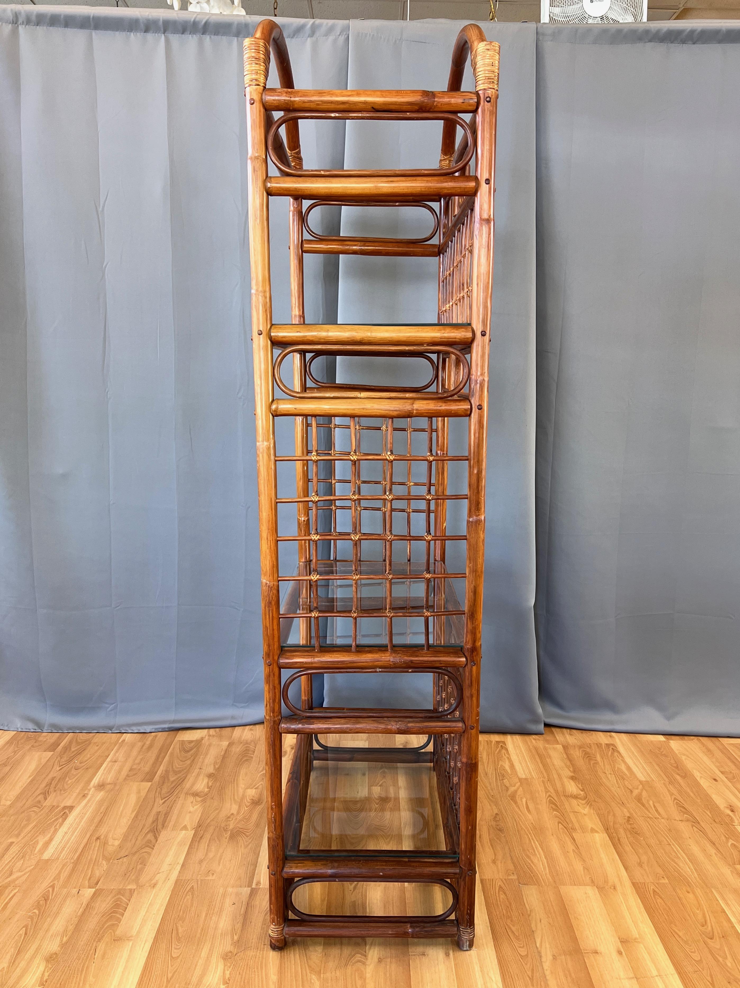 Bohemian Arched-Top Stained Rattan Étagère with Three Glass Shelves, 1970s For Sale