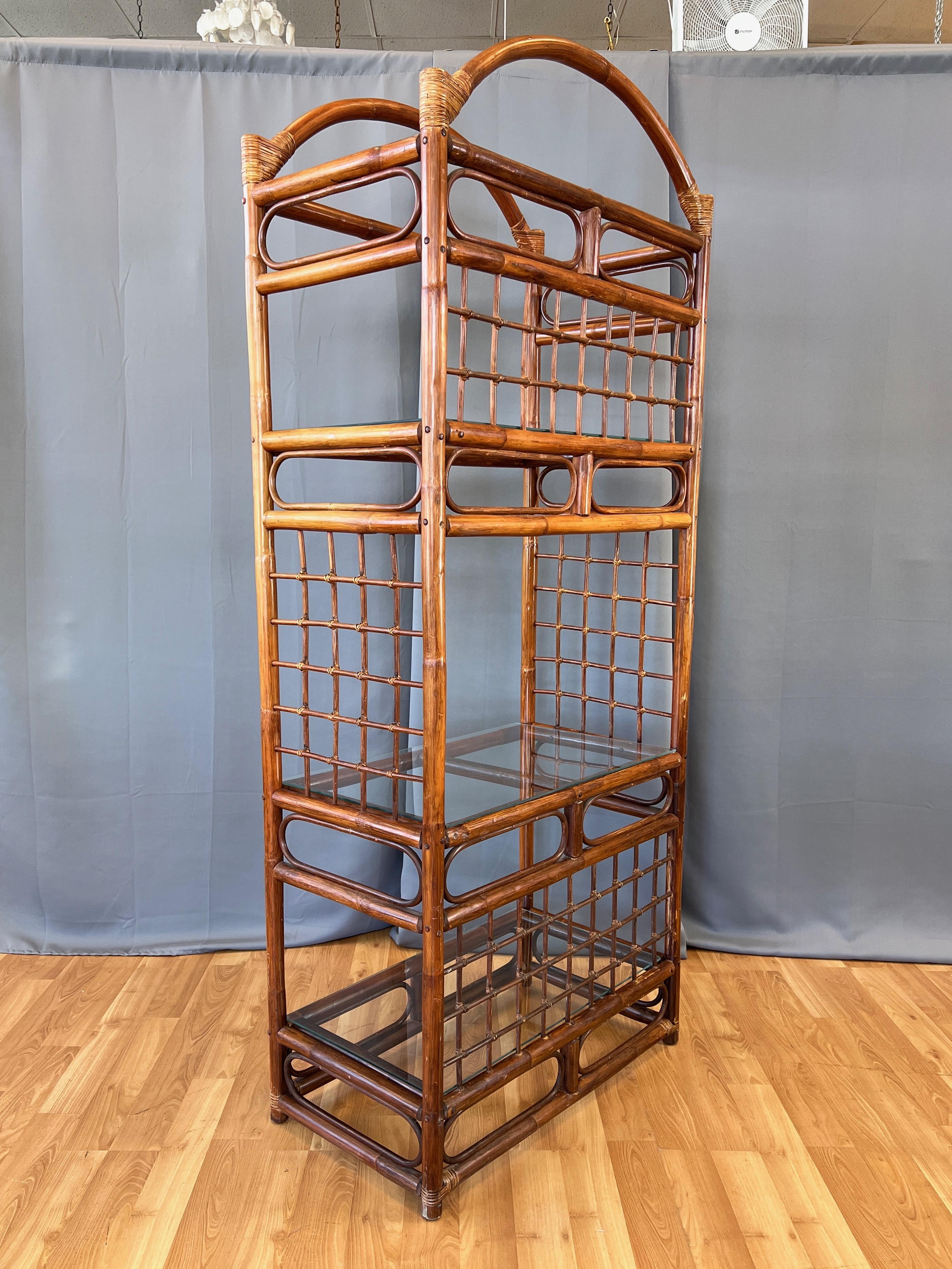 American Arched-Top Stained Rattan Étagère with Three Glass Shelves, 1970s For Sale
