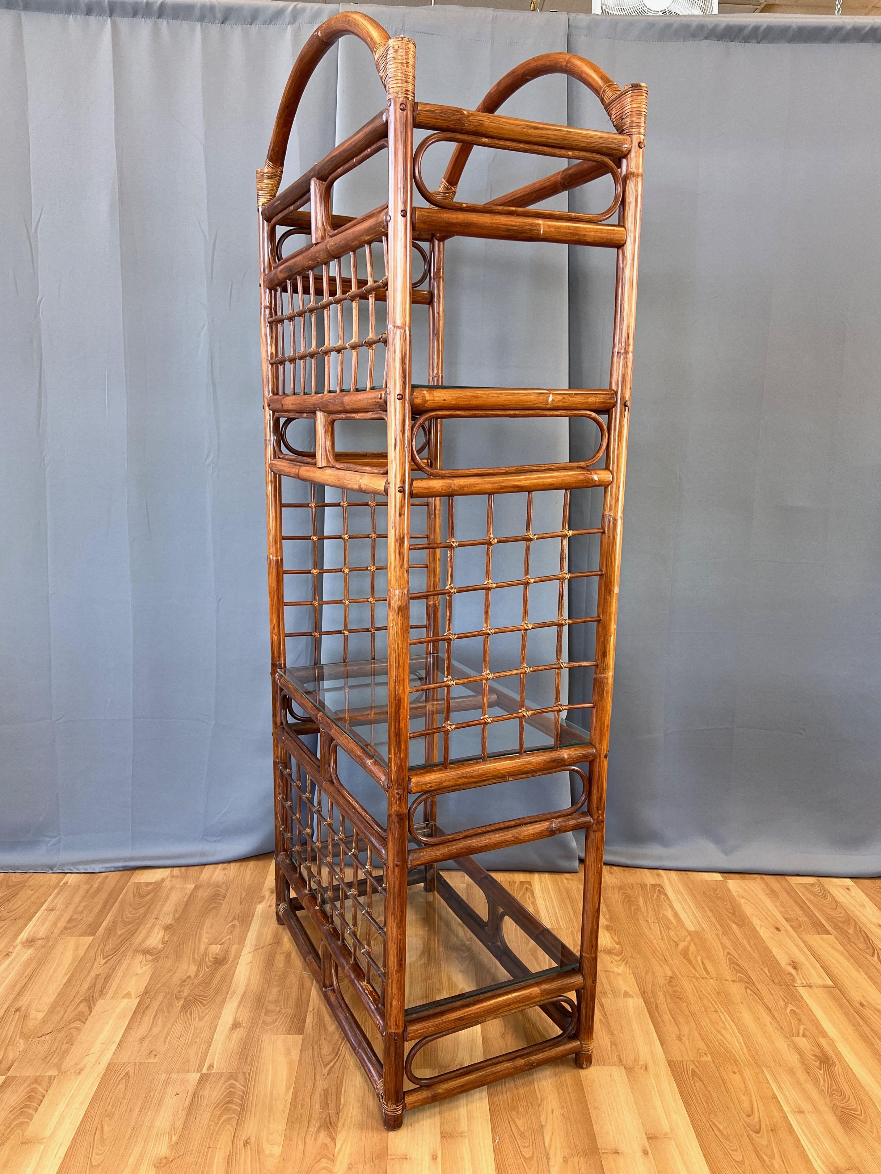 Late 20th Century Arched-Top Stained Rattan Étagère with Three Glass Shelves, 1970s For Sale