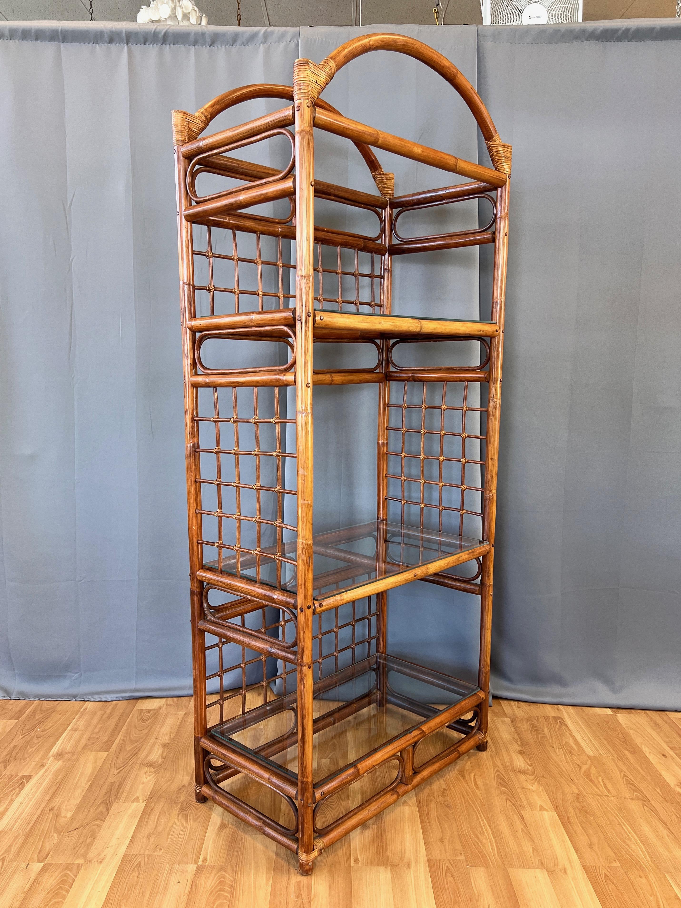 Cane Arched-Top Stained Rattan Étagère with Three Glass Shelves, 1970s For Sale