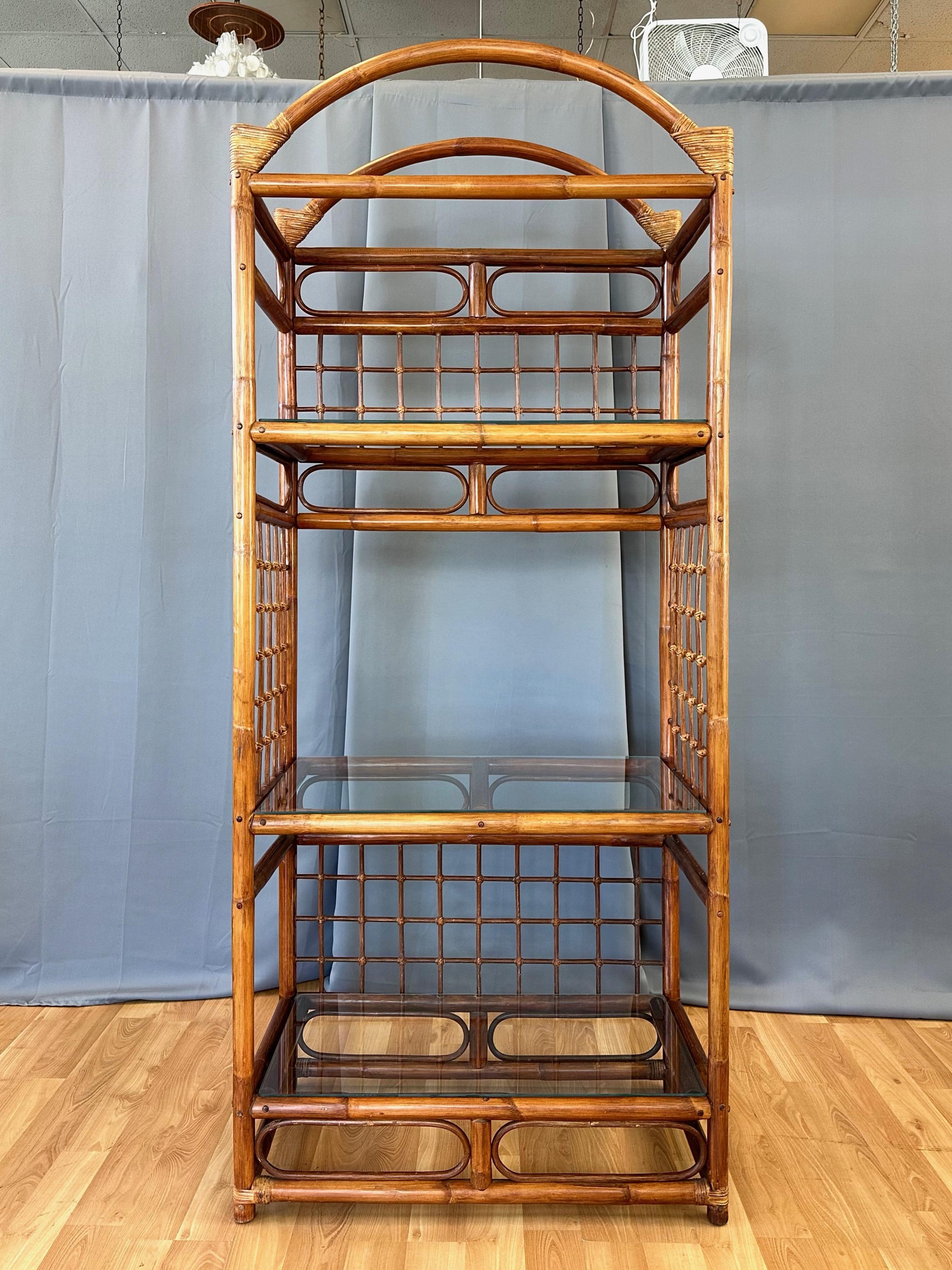 Arched-Top Stained Rattan Étagère with Three Glass Shelves, 1970s For Sale 2