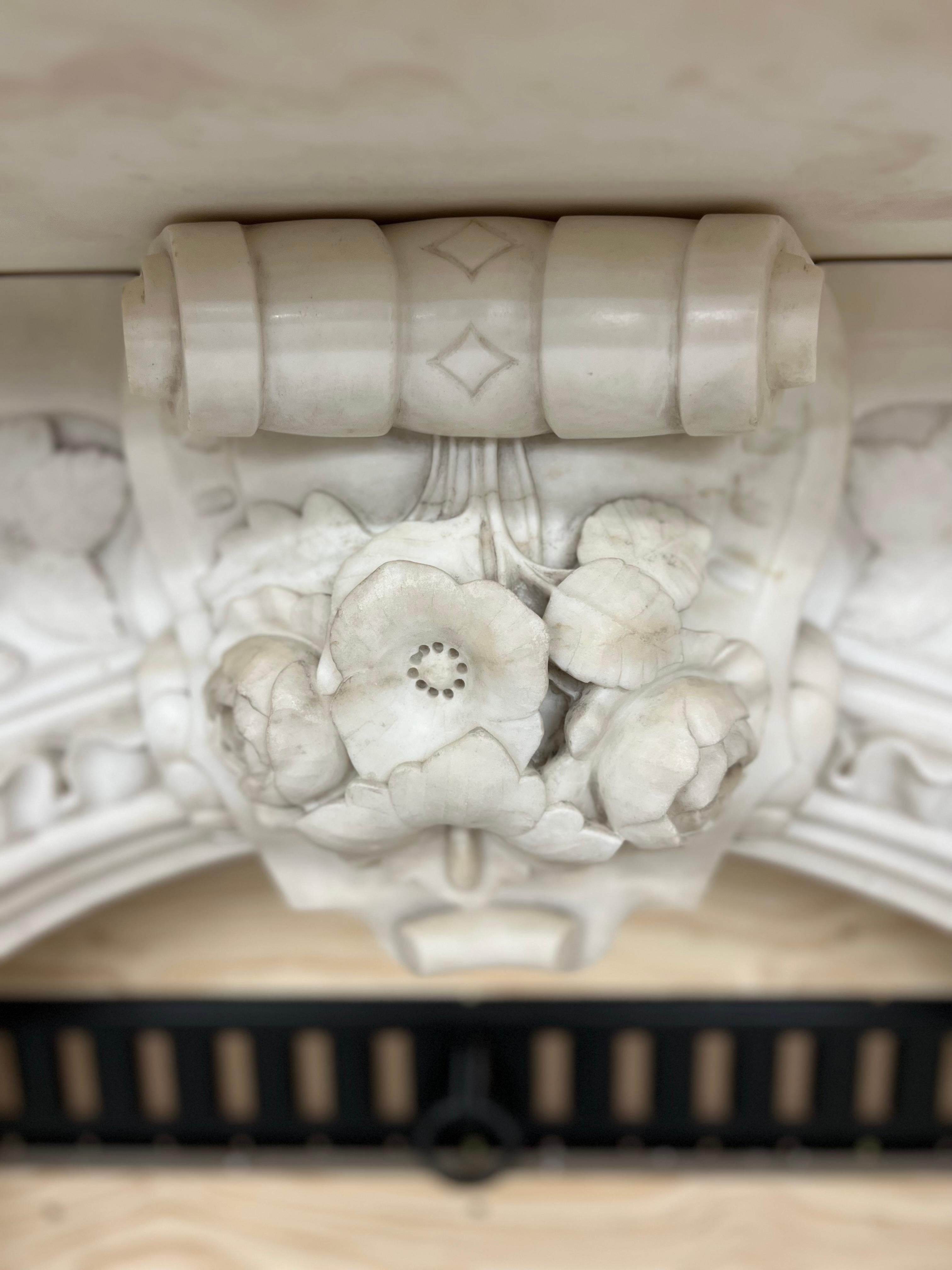 Hand-Carved Arched Victorian Chimneypiece c. 1860 Carved in Statuary Marble For Sale