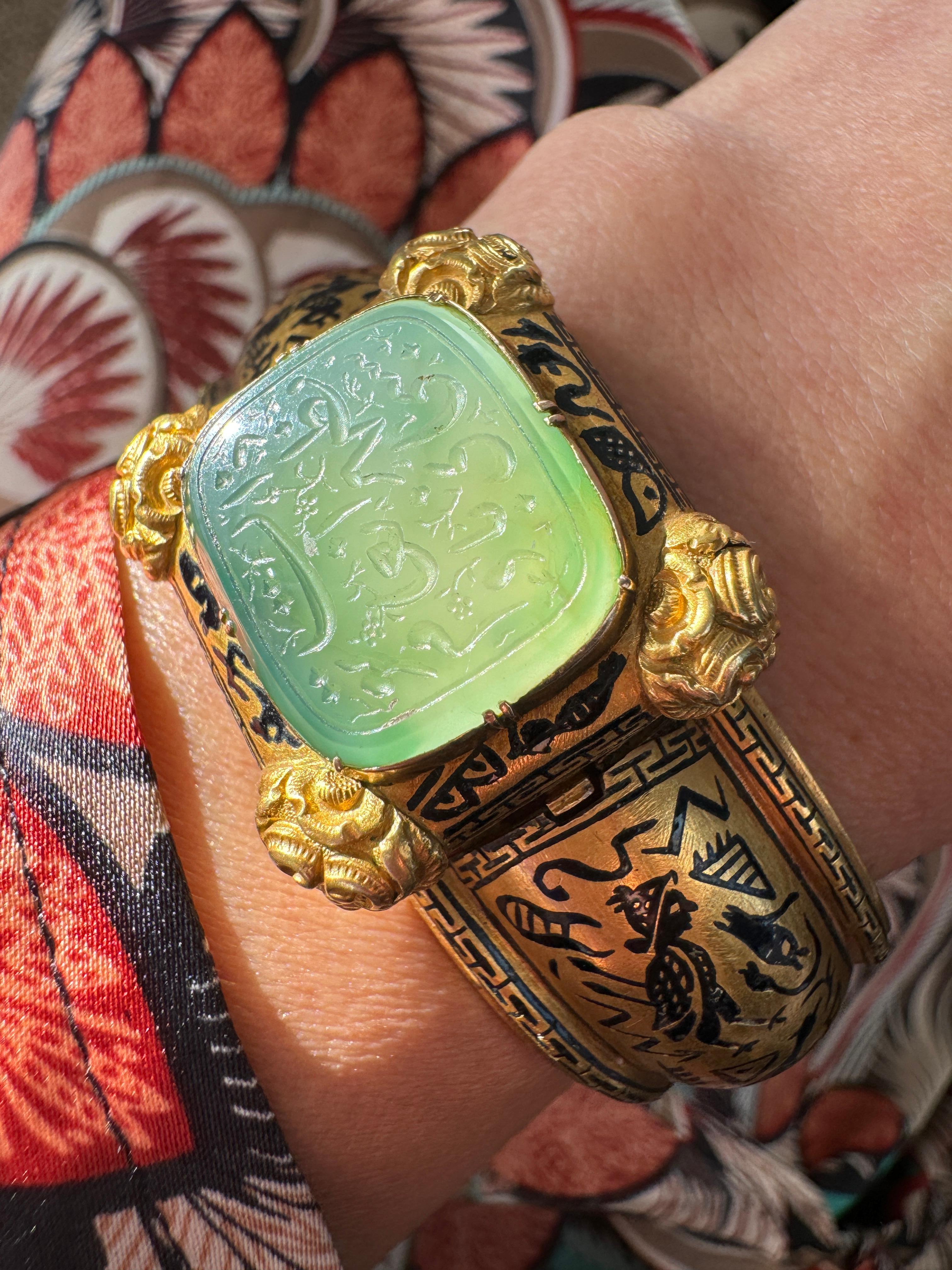 Archeological Revival Gold Enamel and Jade Intaglio Bangle Bracelet Attributed t For Sale 4