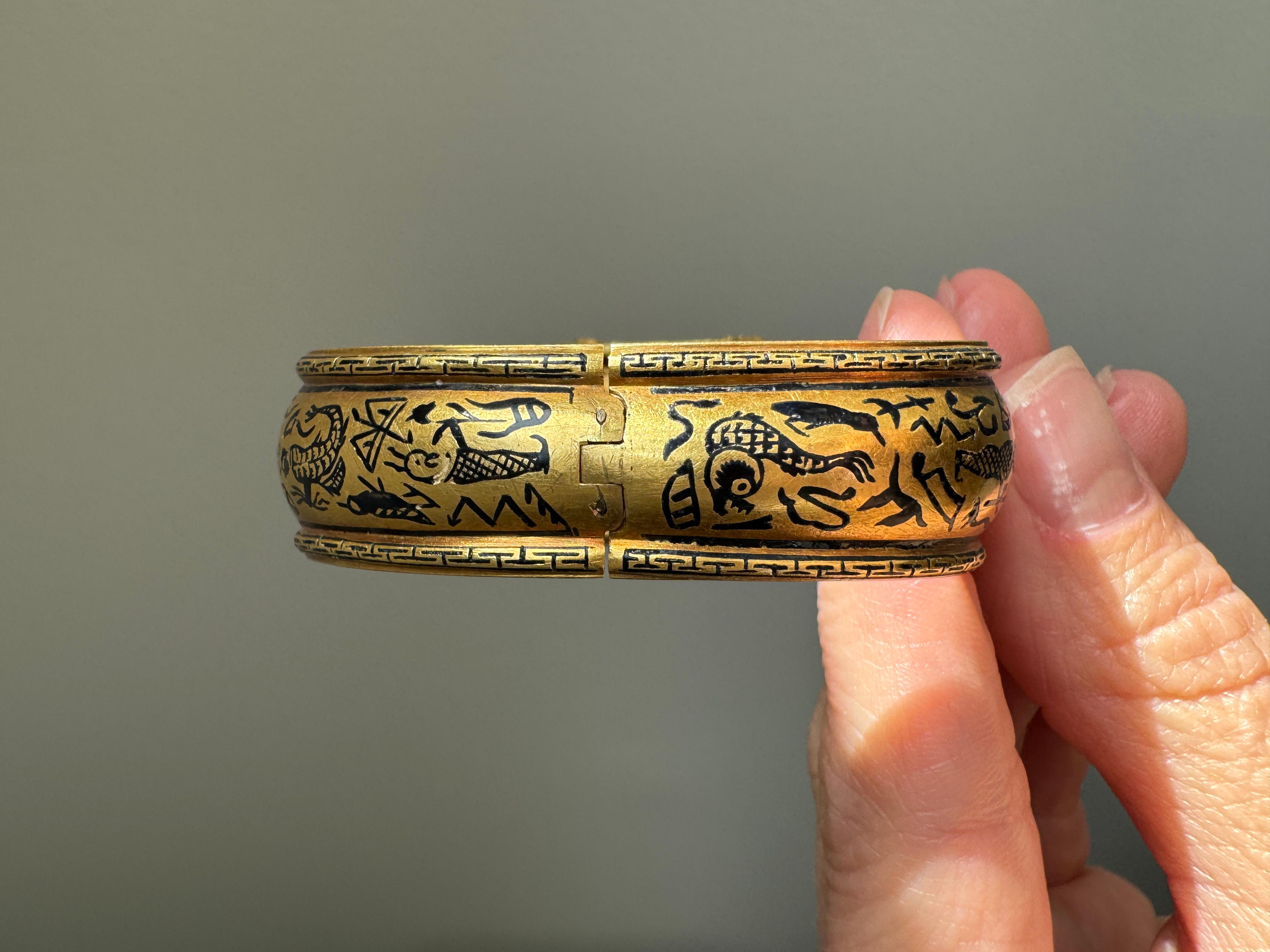 Egyptian Revival Archeological Revival Gold Enamel and Jade Intaglio Bangle Bracelet Attributed t For Sale