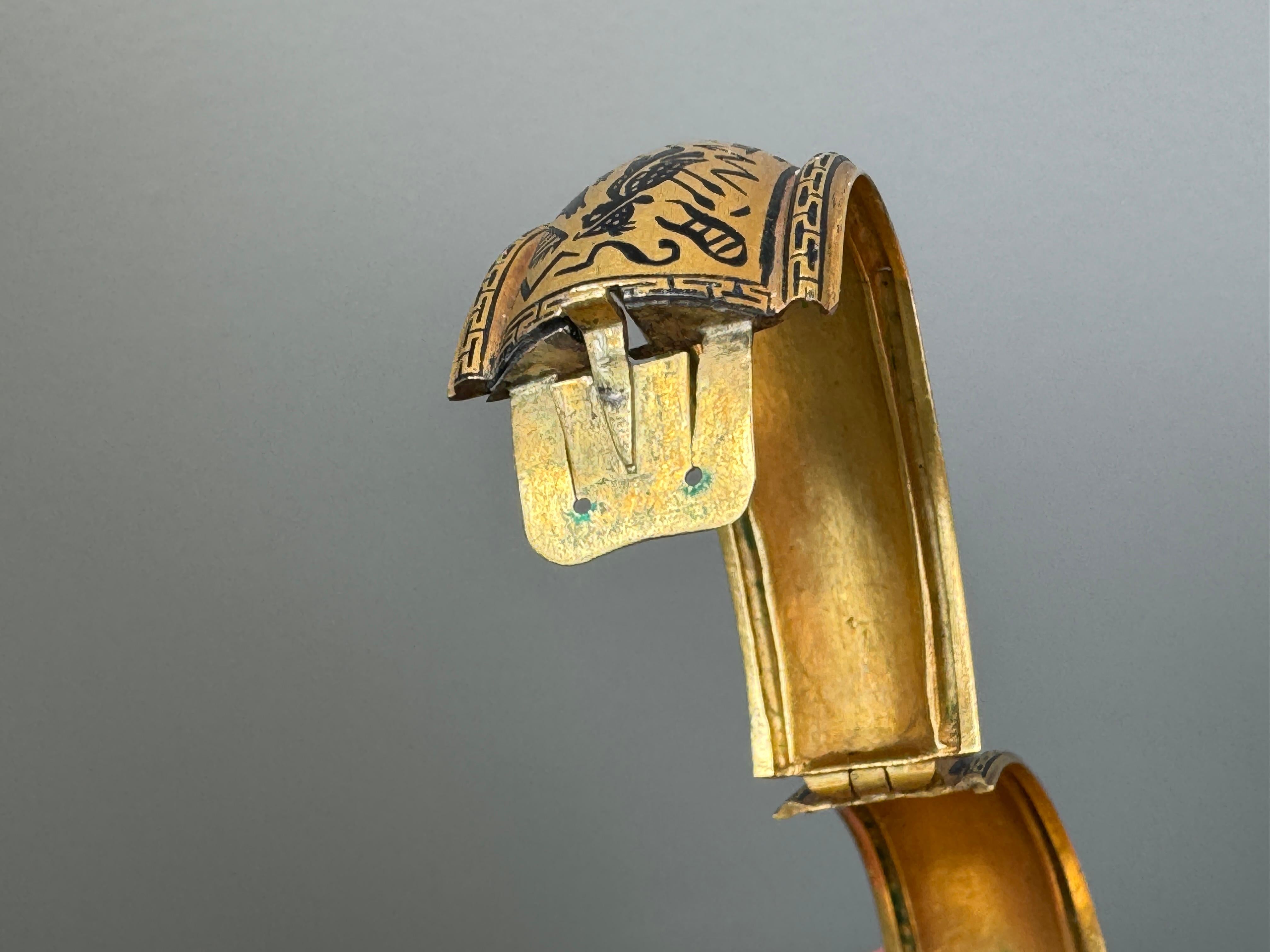 Archeological Revival Gold Enamel and Jade Intaglio Bangle Bracelet Attributed t For Sale 2
