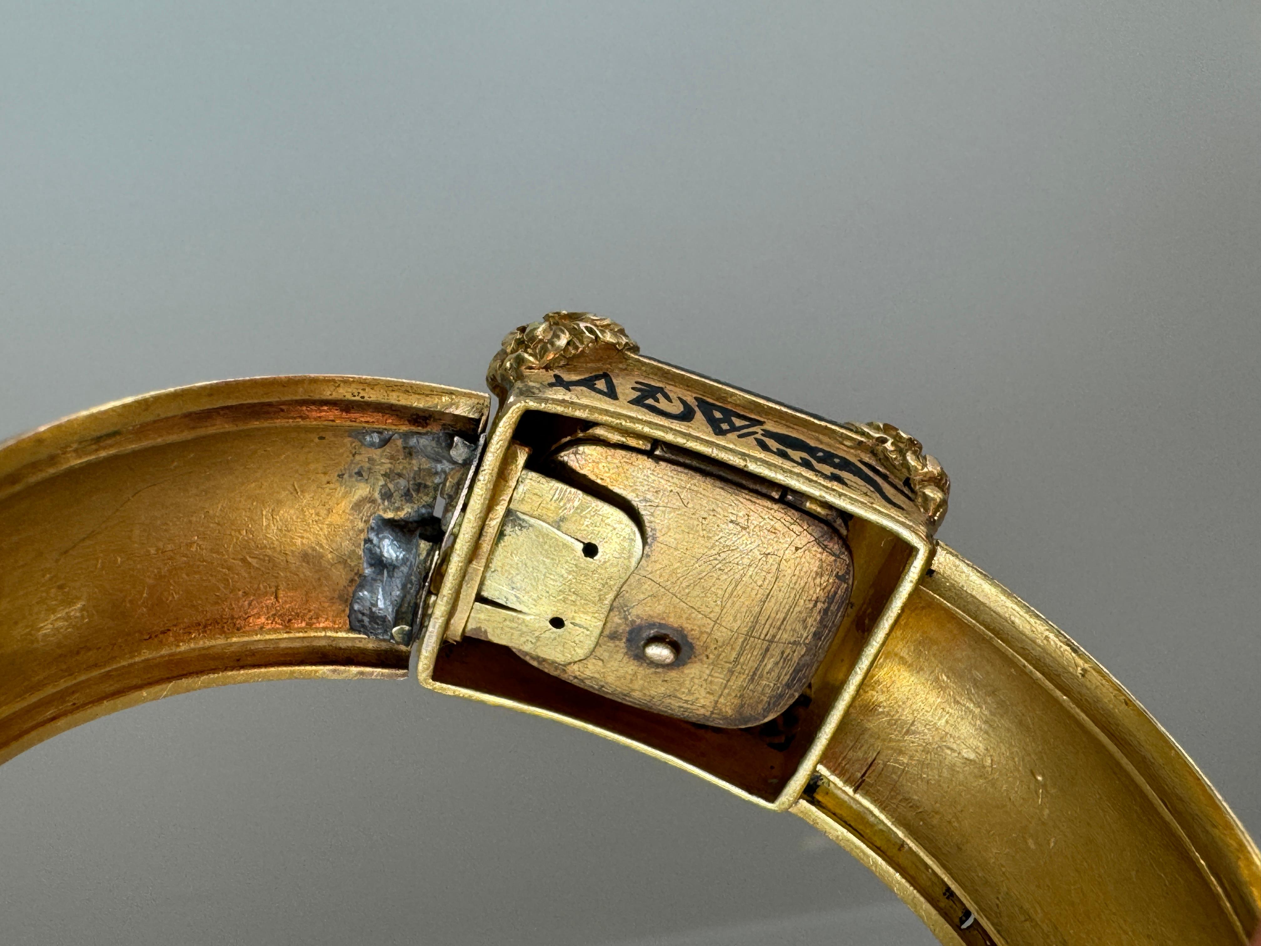Archeological Revival Gold Enamel and Jade Intaglio Bangle Bracelet Attributed t For Sale 3
