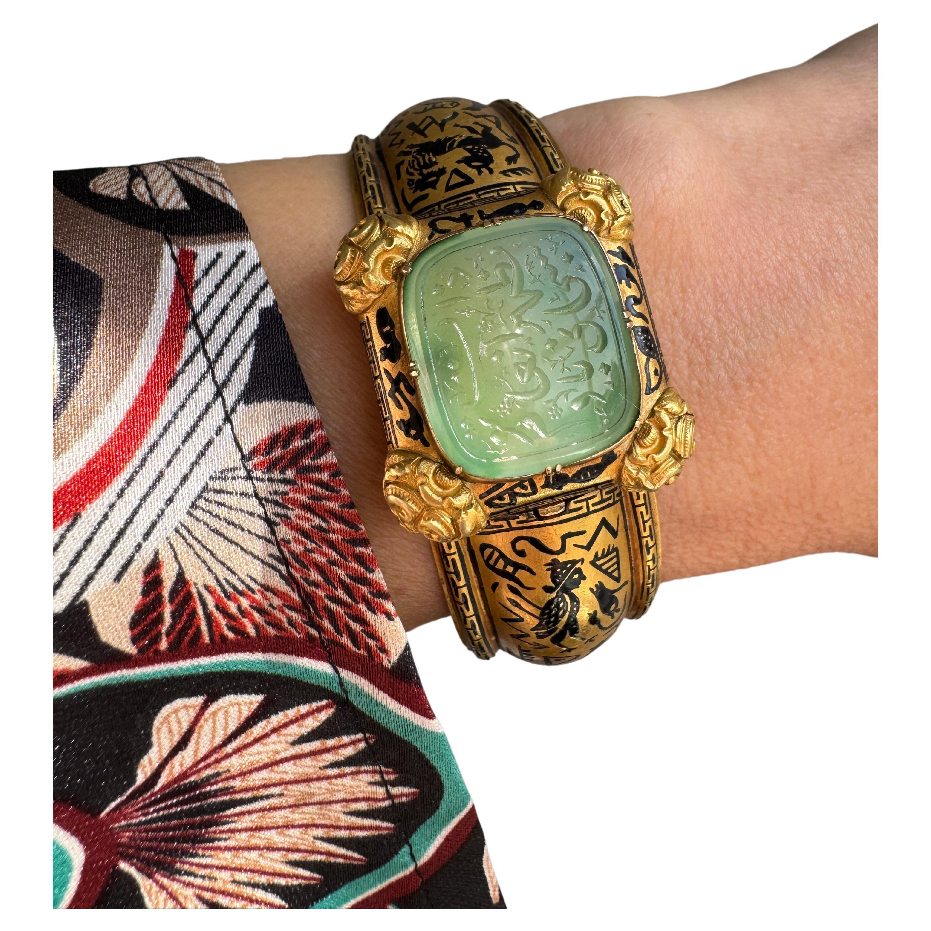 Archeological Revival Gold Enamel and Jade Intaglio Bangle Bracelet Attributed t For Sale