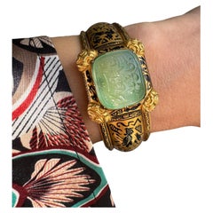 Vintage Archeological Revival Gold Enamel and Jade Intaglio Bangle Bracelet Attributed t
