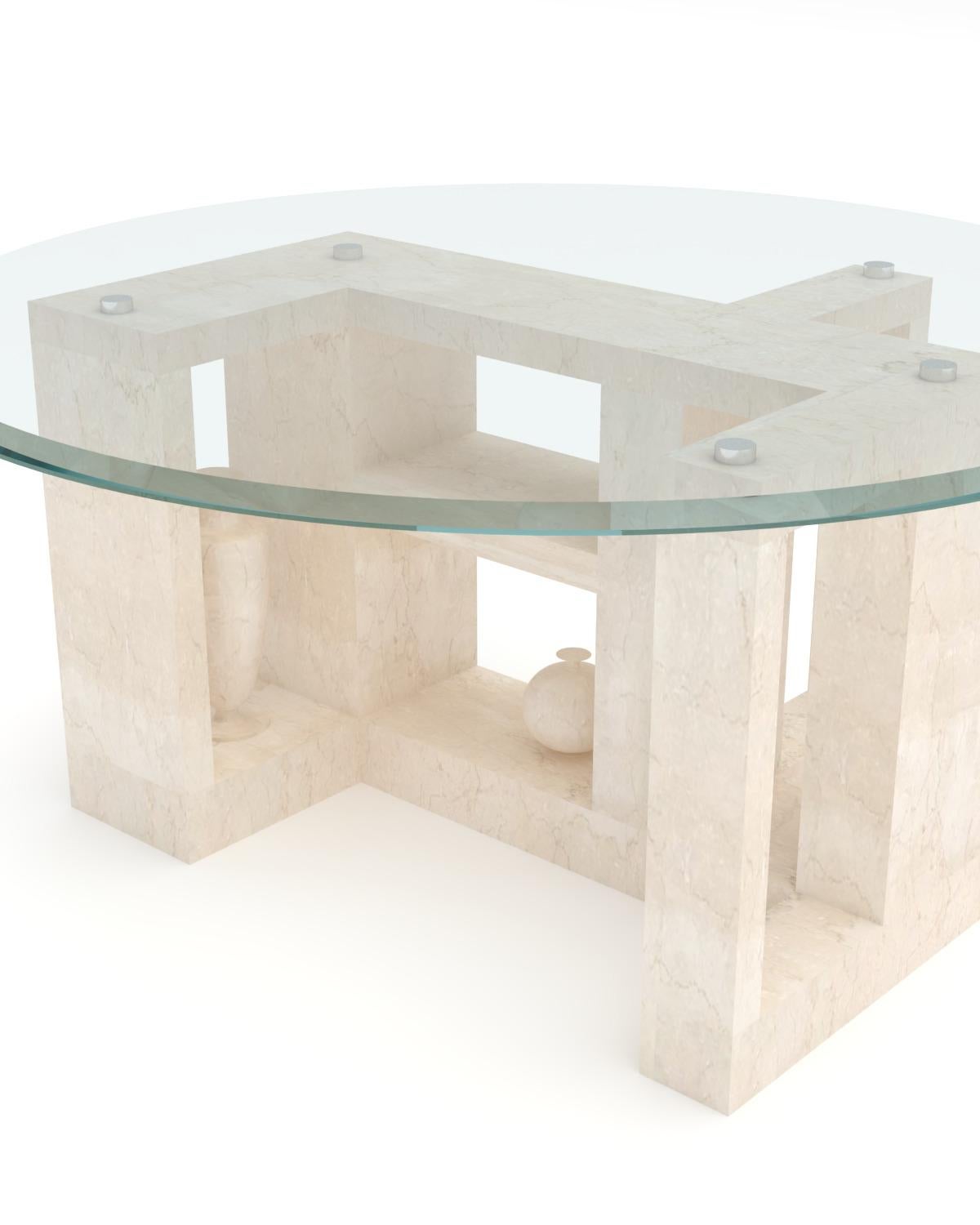 Equipped with a sculptural base and imposing in shape and size, the Archeology 2 marble table takes up the architectural design of an ancient temple and stands out for its strong stage presence and versatility.

Created in collaboration with the