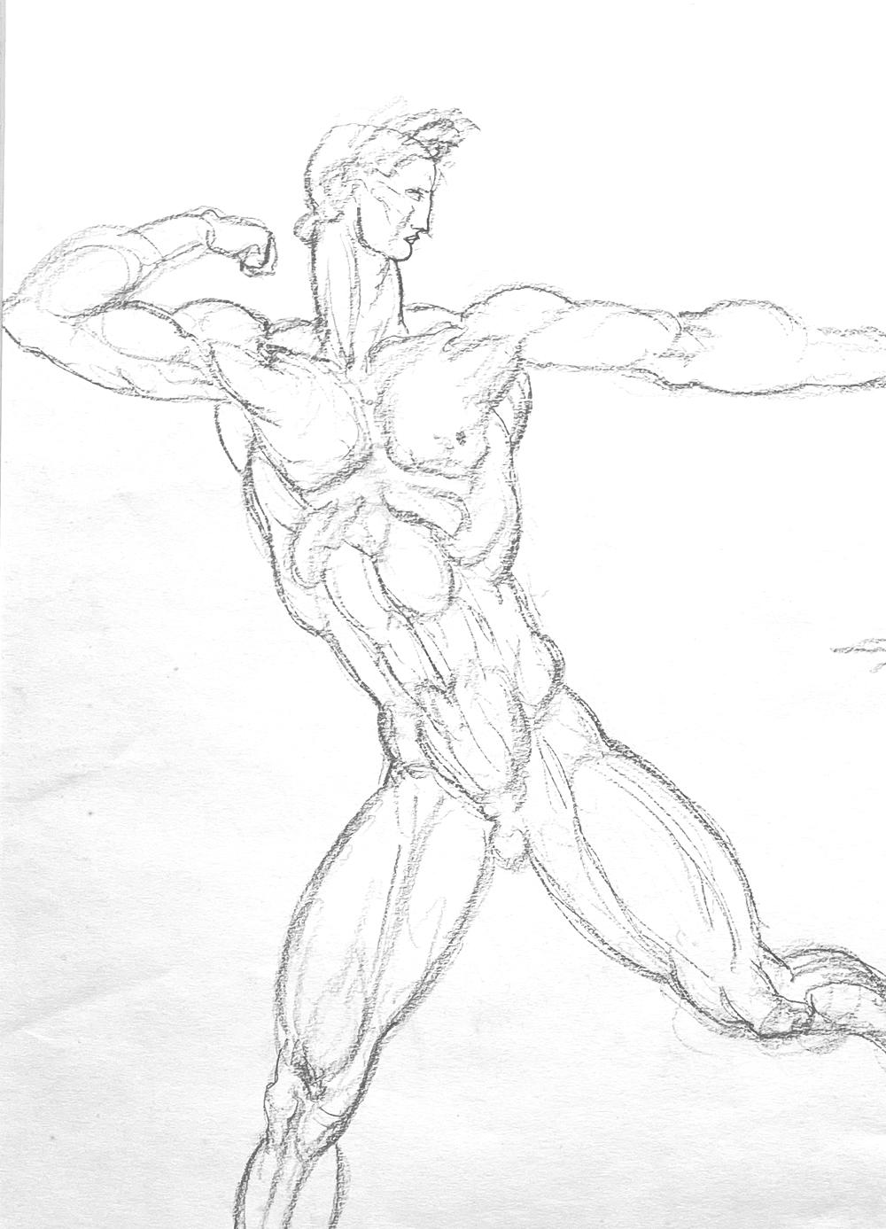 Créé au début de la carrière de De Lue, probablement lorsqu'il travaillait dans le studio new-yorkais de Bryant Baker, ce beau dessin Art déco représente un homme nu dans une pose d'archer tendu, accompagné d'une femme nue debout. Parce qu'il ne