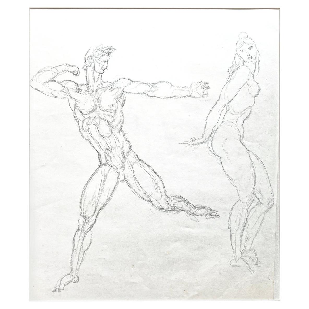 „Archer und stehender Akt“, frühe Art-Déco-Zeichnung von Donald De Lue