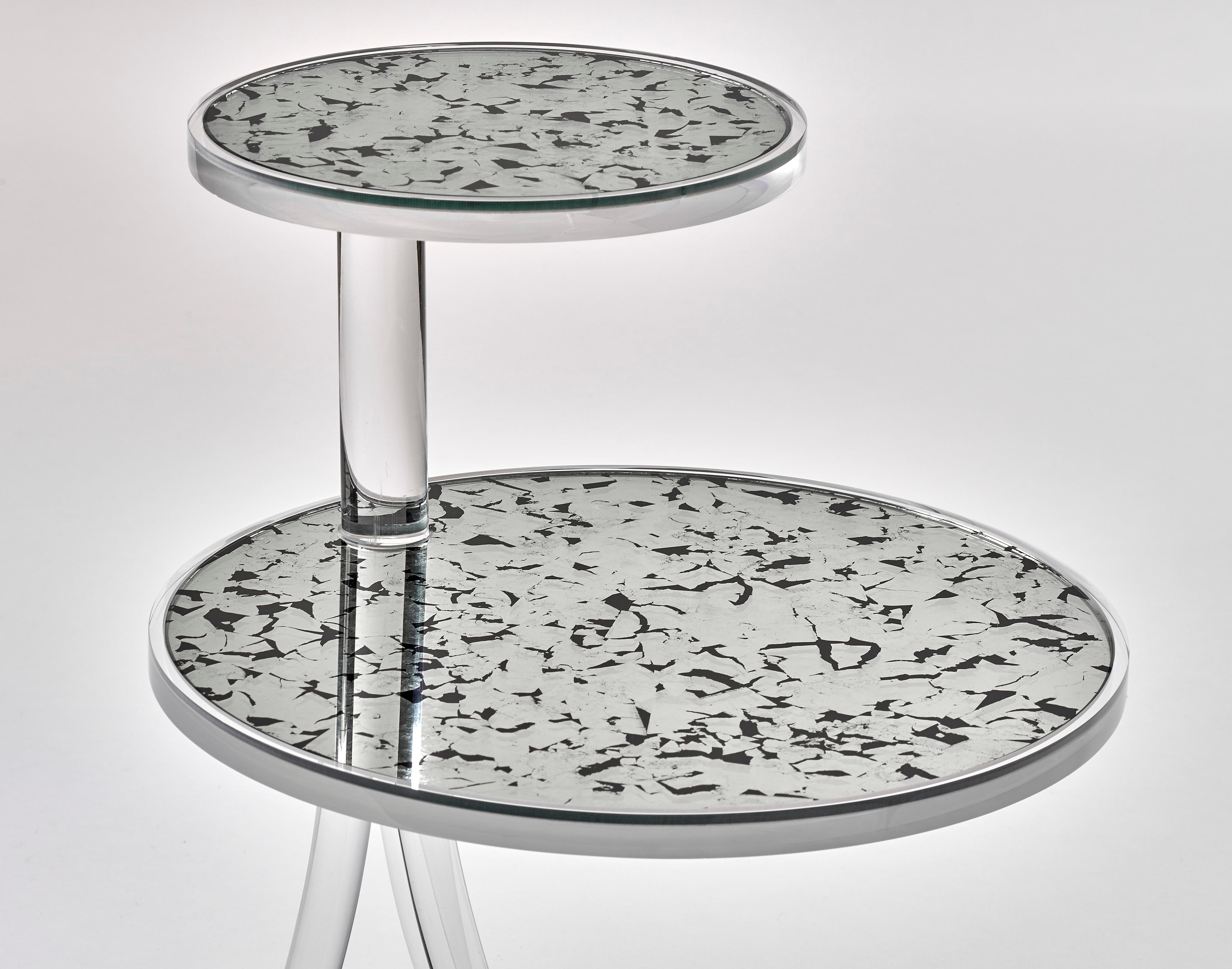 Archer acrylic table with antique glass mirror inserts.
Two-tiered acrylics table
Measures: Top table 10
