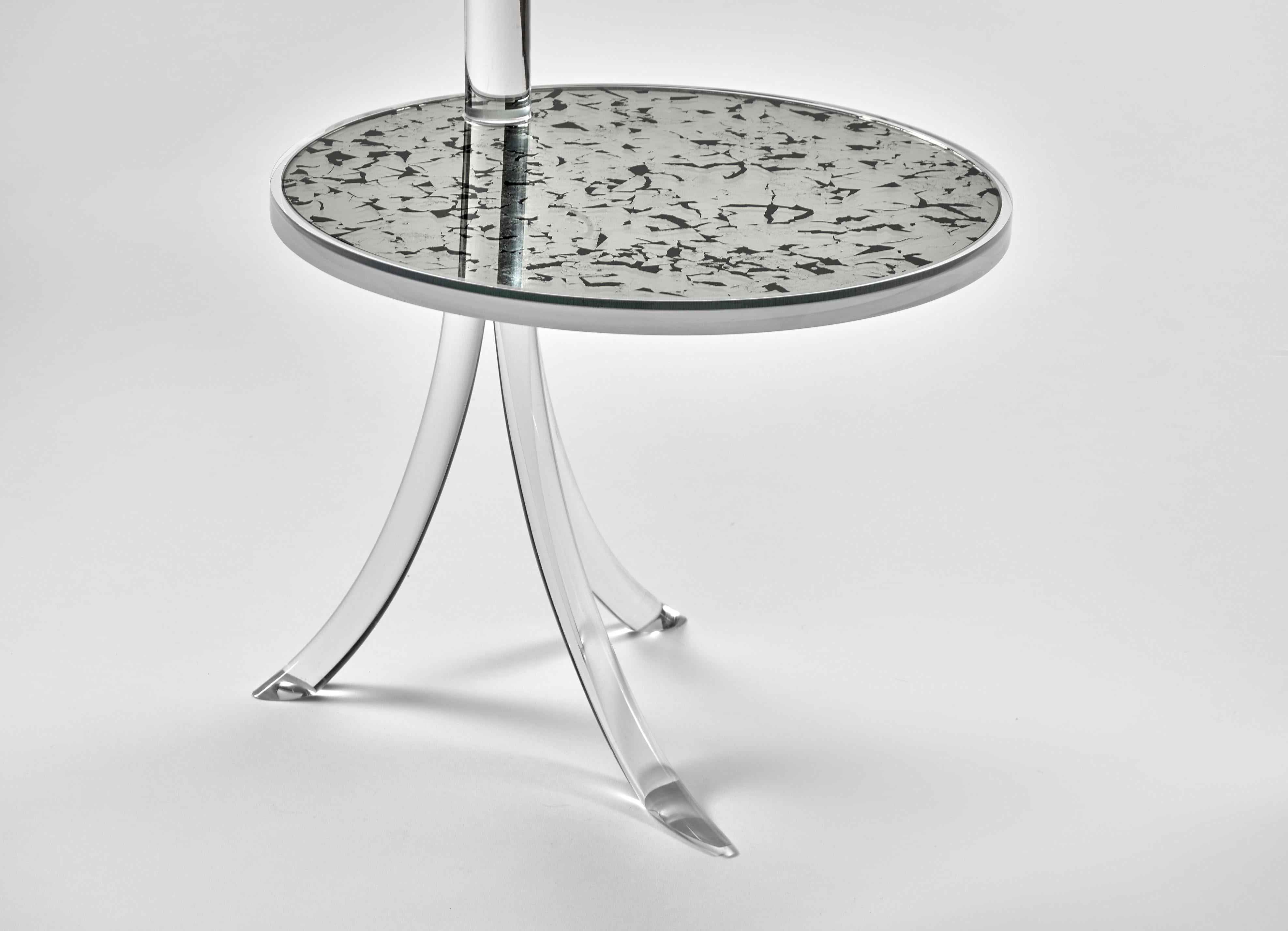 Modern Archer Round three leg Acrylic Table with two glass shelves  For Sale