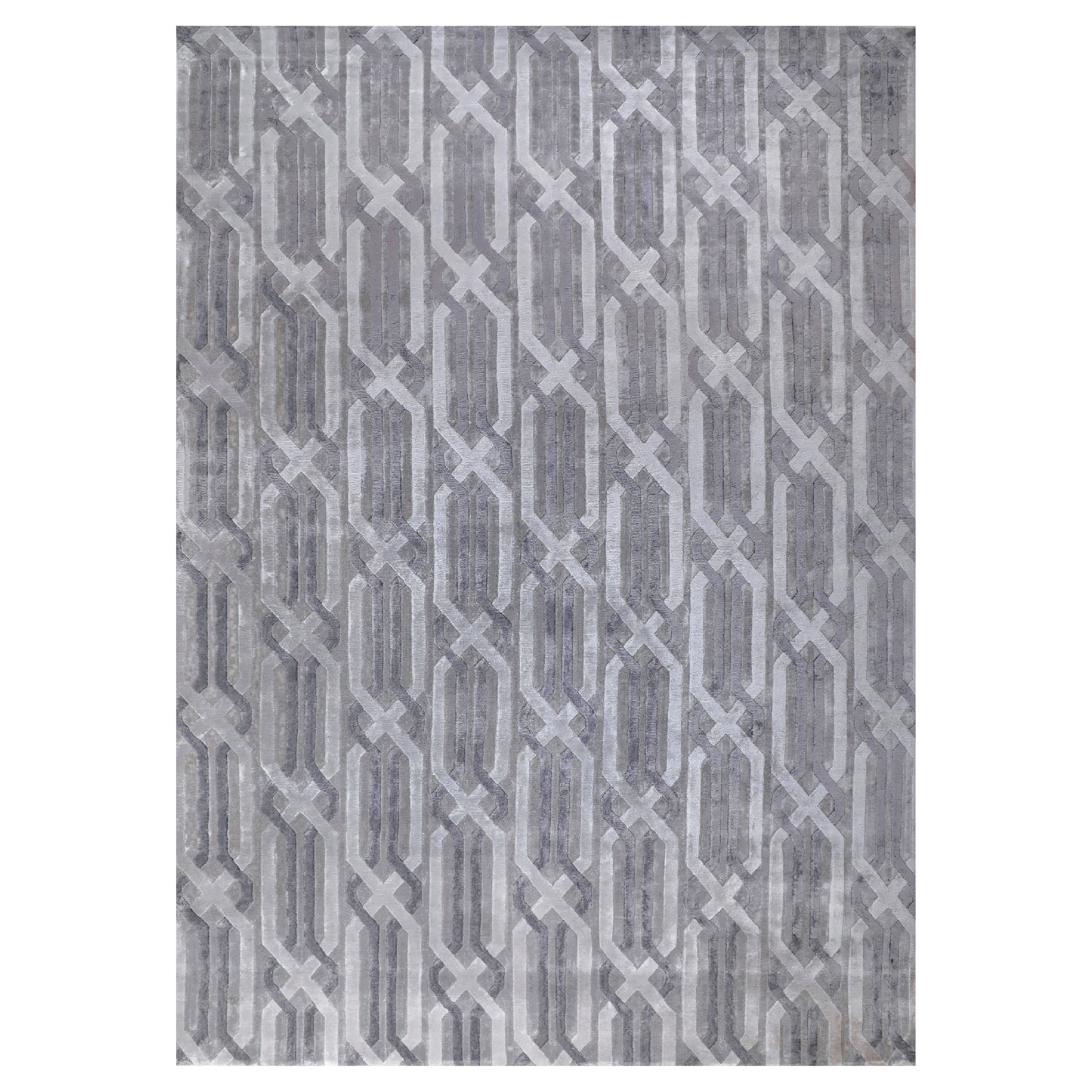 ARCHER Hand Knotted Modern Geometric Silk Rug in Grey Colour By Hands For Sale