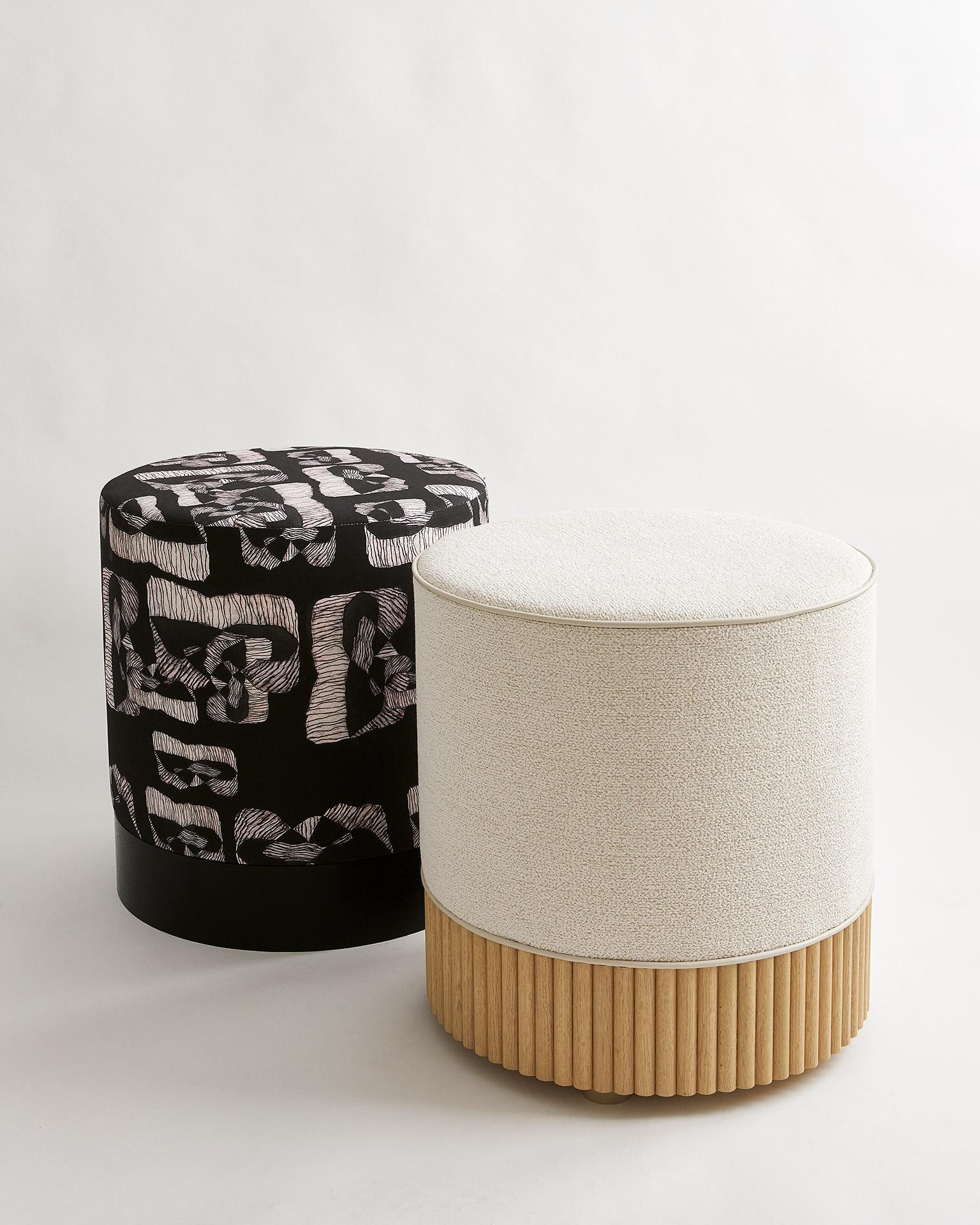 Post-Modern Modern Custom Round Ottoman with Slat Base Detail  For Sale