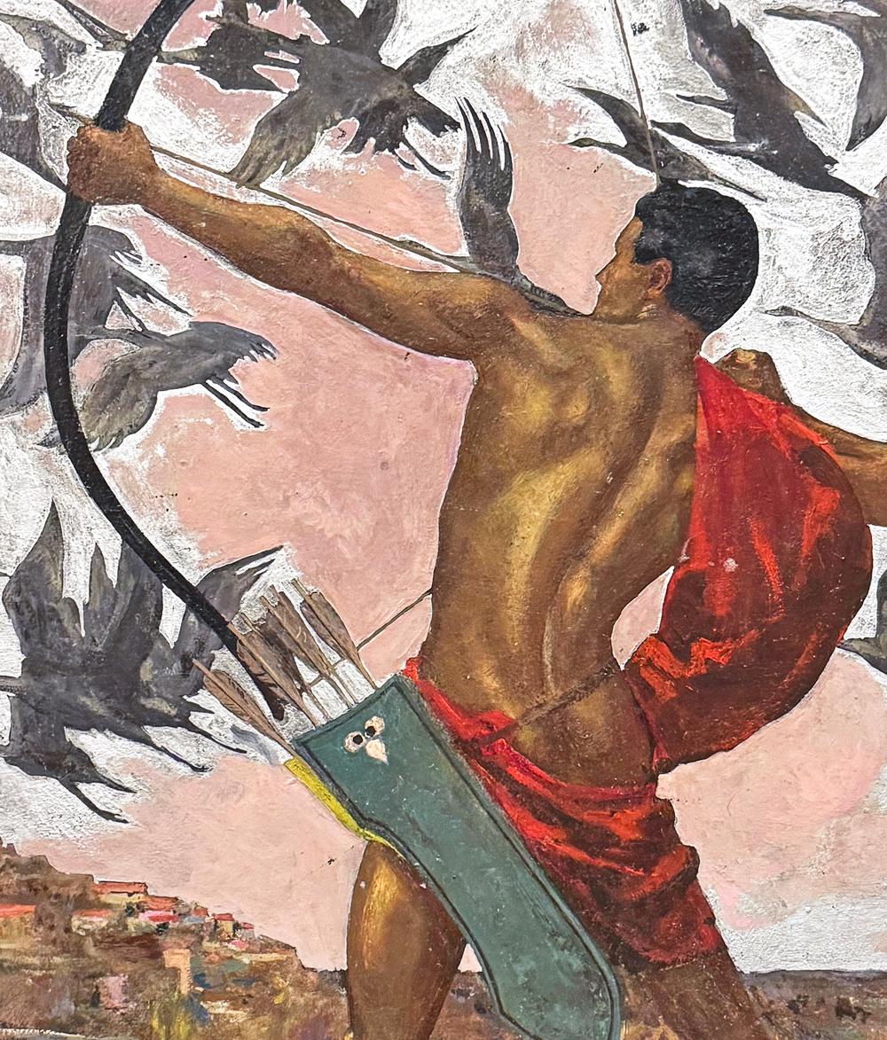 Audace e sorprendente, questo quadro in stile High Style Deco raffigura un arciere maschio nudo con l'arco teso e la freccia che punta verso uno stormo di oche in alto.  Sullo sfondo c'è una città in cima a una collina, probabilmente in Italia, e