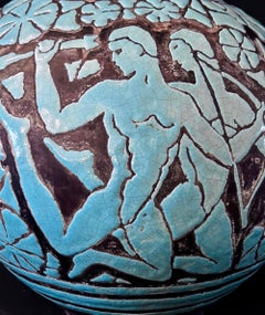 "Archers and Deer", Art Deco Vase w/ Nude Males in Turquoise and Brown, France