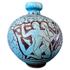 "Archers and Deer", Art Deco Vase w/ Nude Males in Turquoise and Brown, France