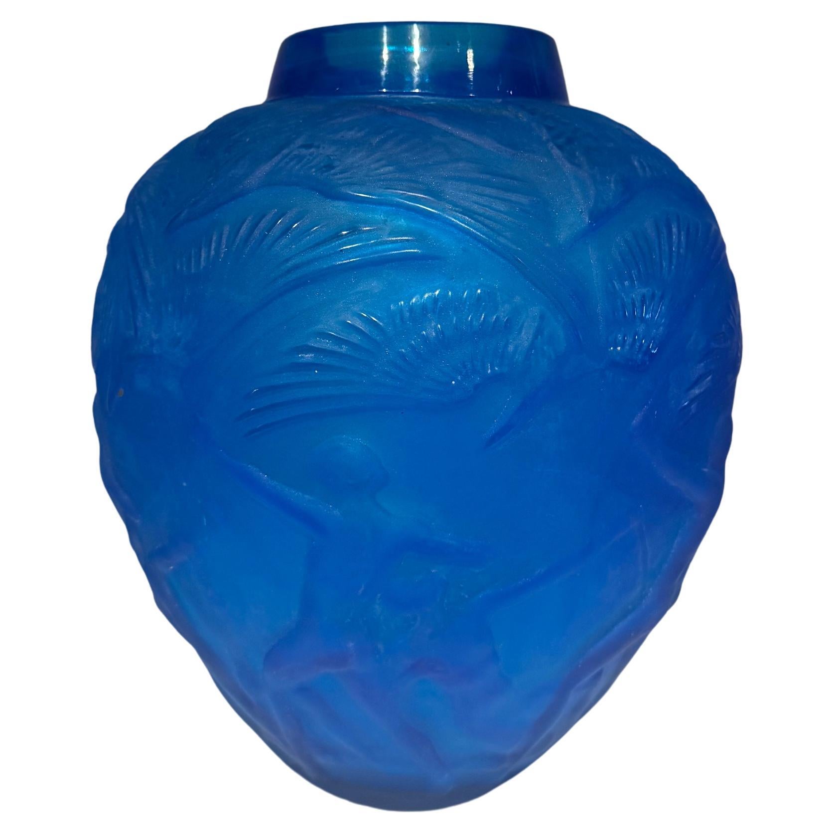Art Deco 'Archers' Electric Blue Molded Glass Vase, After René Lalique, Circa 1921