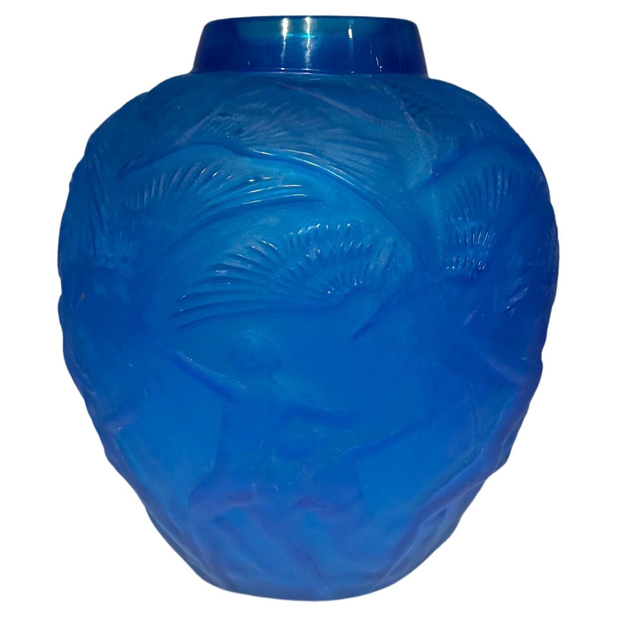 'Archers' Electric Blue Molded Glass Vase, After René Lalique, Circa 1921 In Good Condition In Miami, US