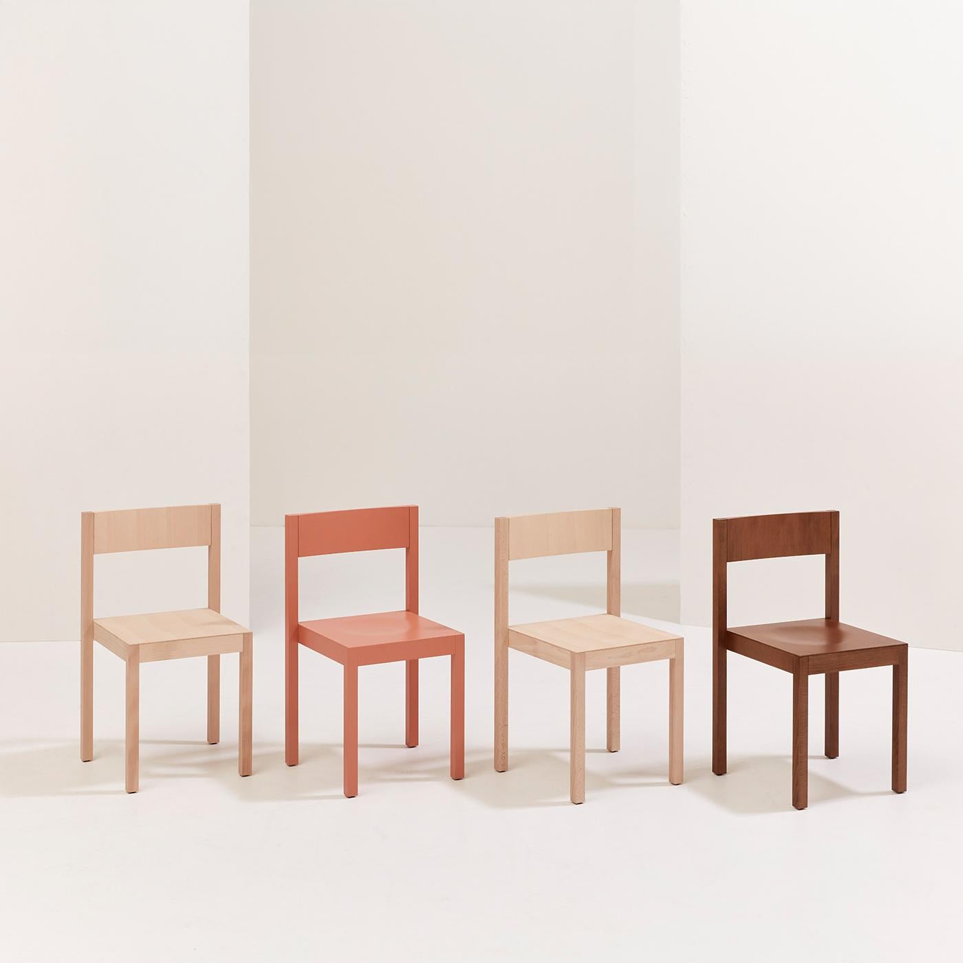Simplicity meets sophistication in Archetype-A by Mario Alessiani. Crafted from bleached beech, this wooden chair celebrates Billiani’s craftsmanship with its minimalist design. Featuring just four legs, a seat, and a back, the chair's essence lies
