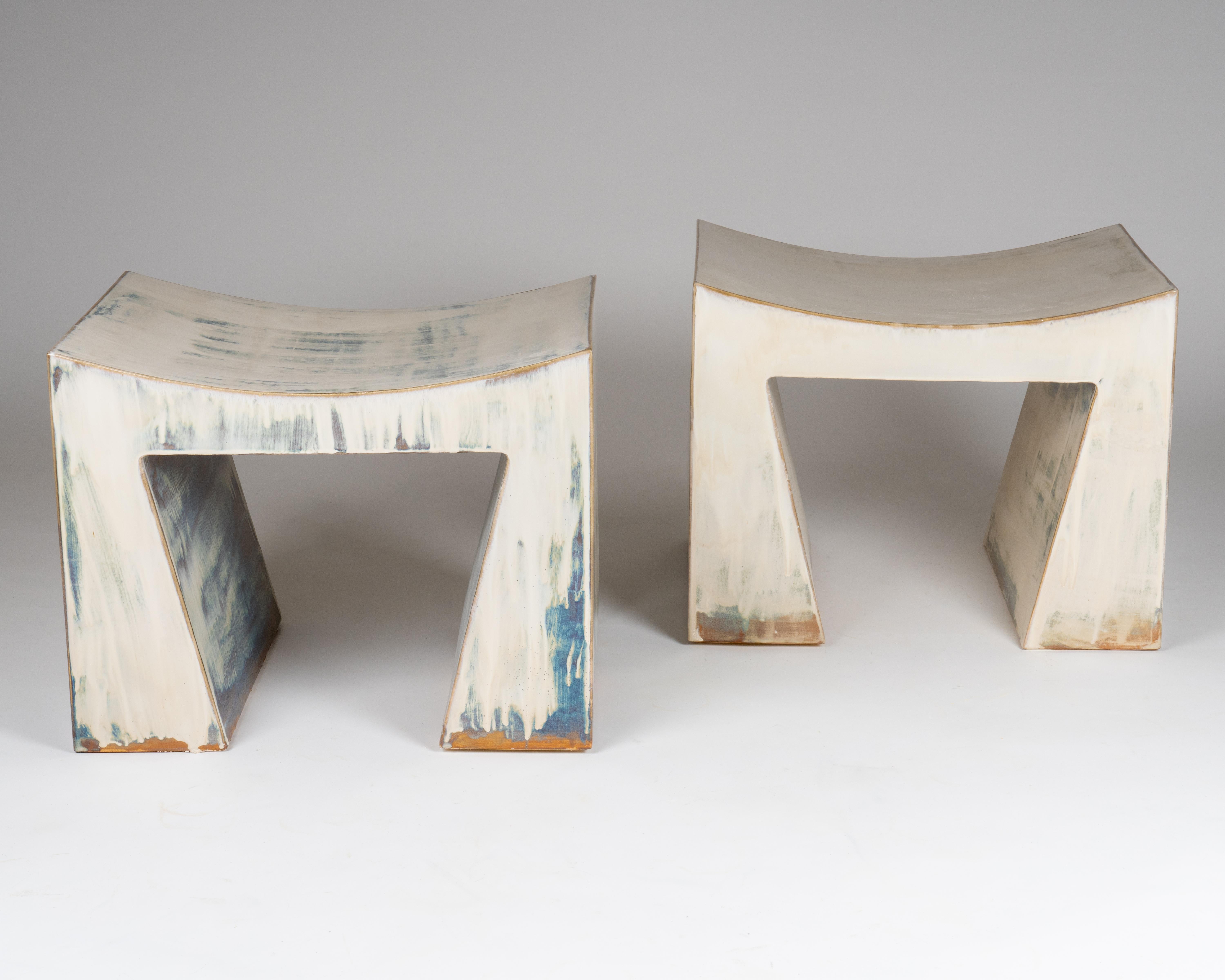 Post-Modern Artistic Washed Blue and Earthy Brown Contemporary Ceramic Bench by Elsa Foulon For Sale
