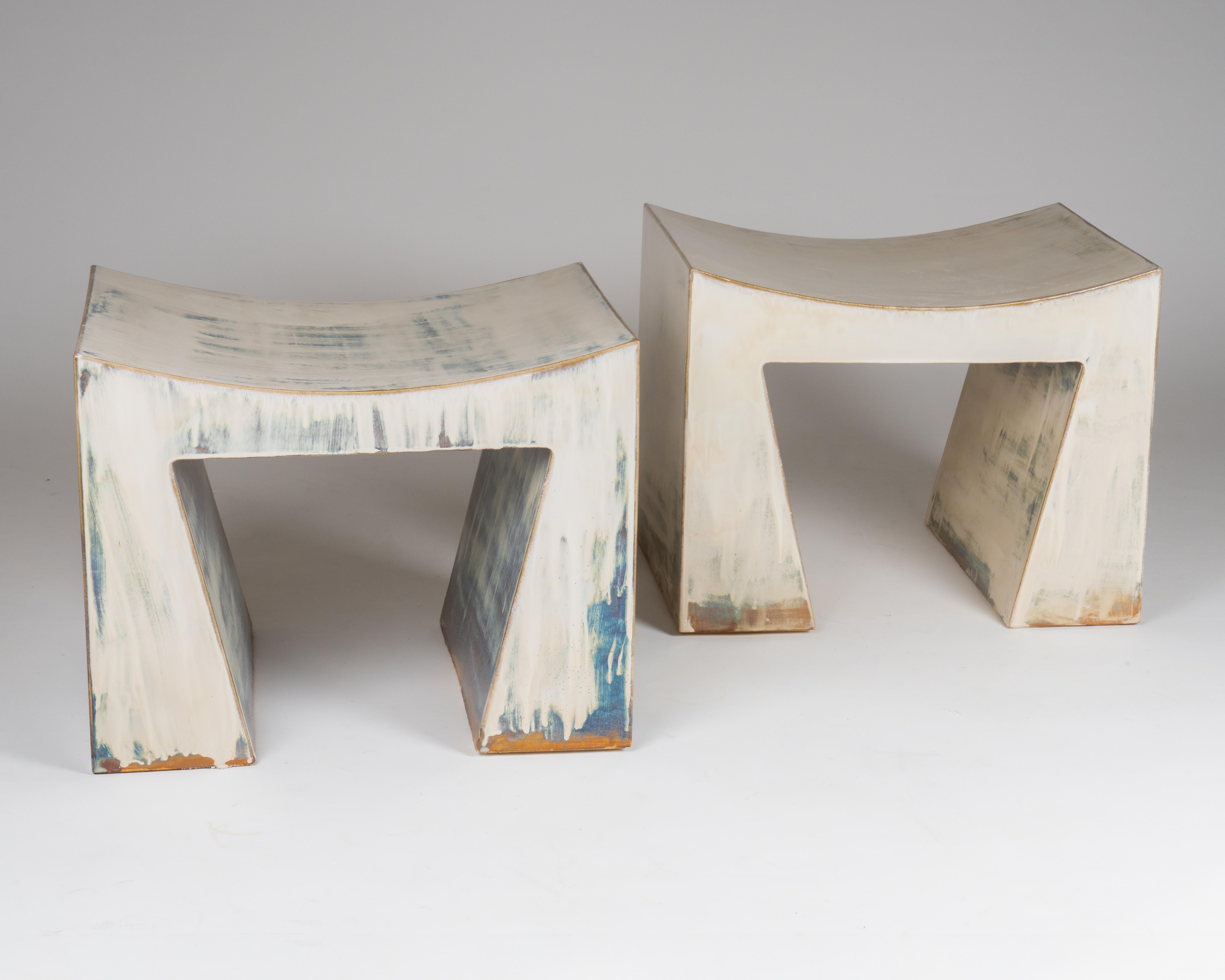 French Artistic Washed Blue and Earthy Brown Contemporary Ceramic Bench by Elsa Foulon For Sale