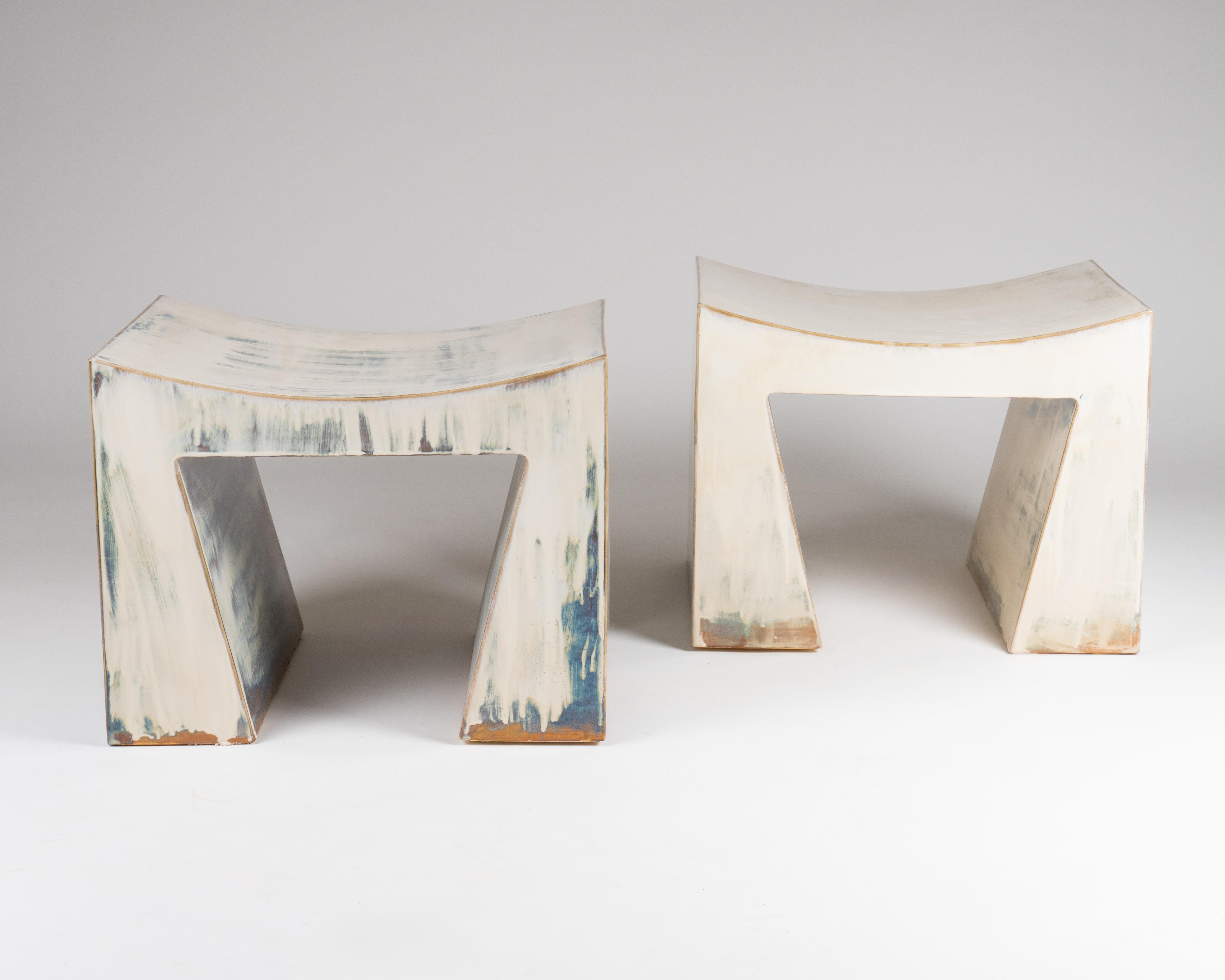 Artistic Washed Blue and Earthy Brown Contemporary Ceramic Bench by Elsa Foulon In New Condition For Sale In Geneve, CH