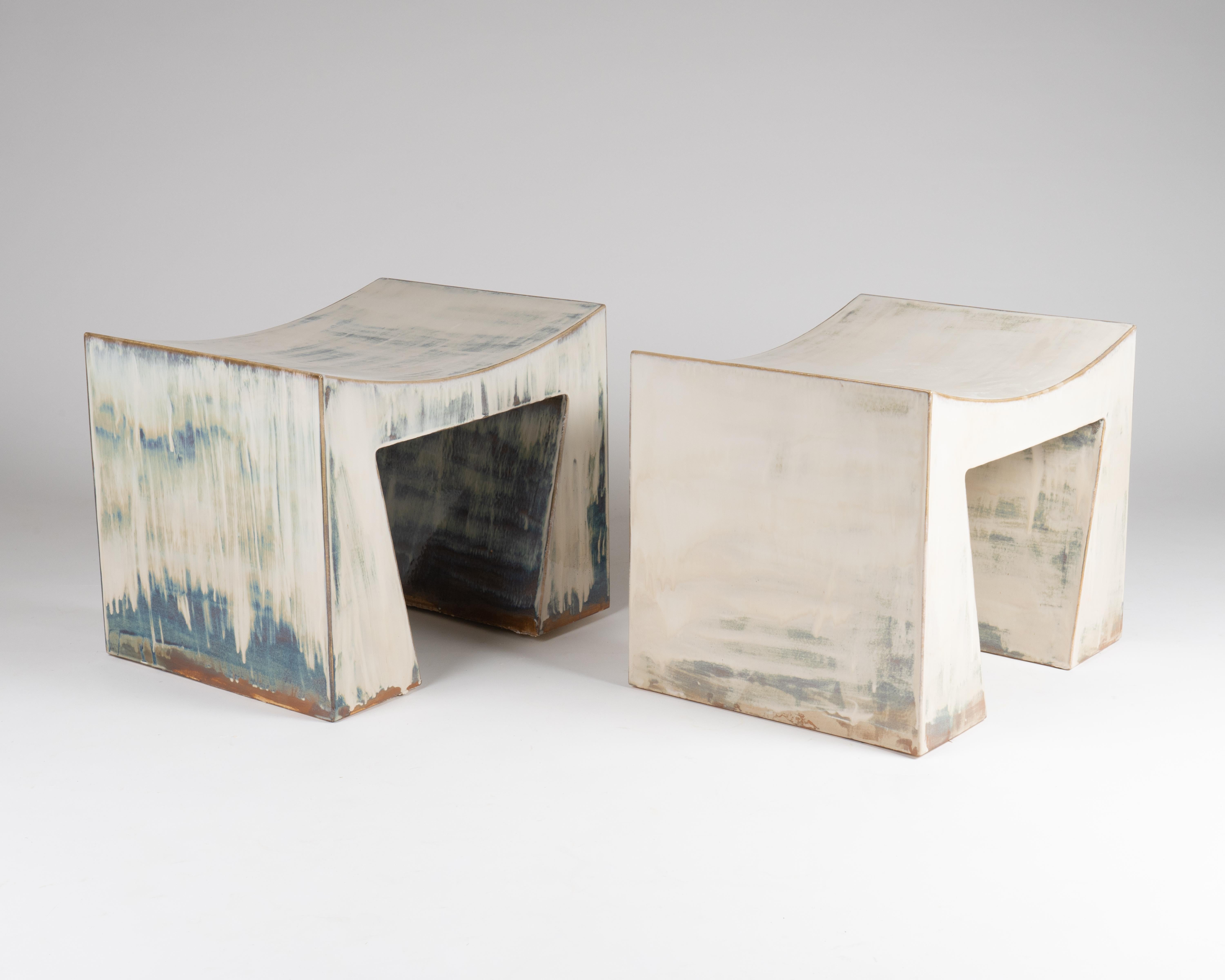 Artistic Washed Blue and Earthy Brown Contemporary Ceramic Bench by Elsa Foulon For Sale 1