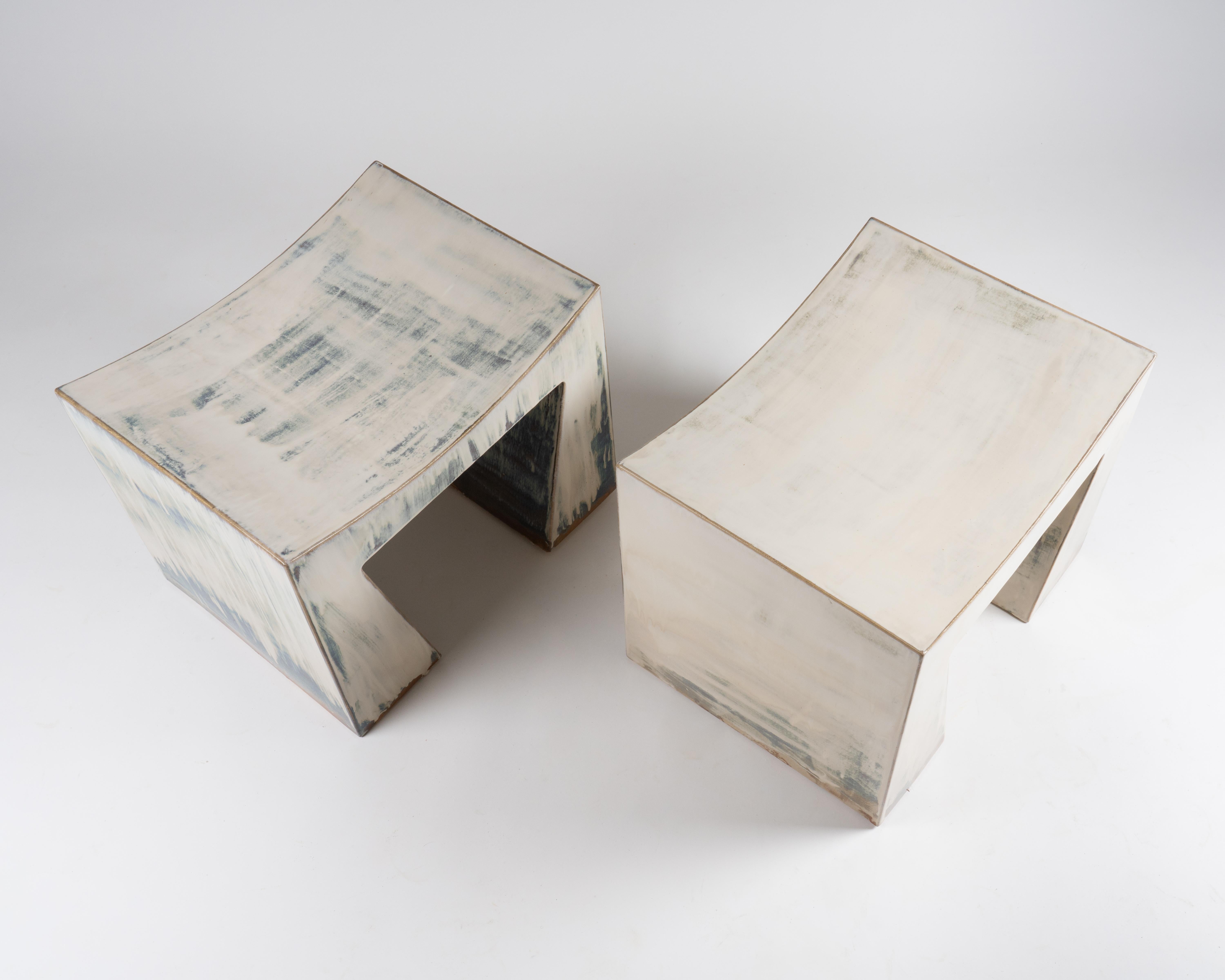 Artistic Washed Blue and Earthy Brown Contemporary Ceramic Bench by Elsa Foulon For Sale 2