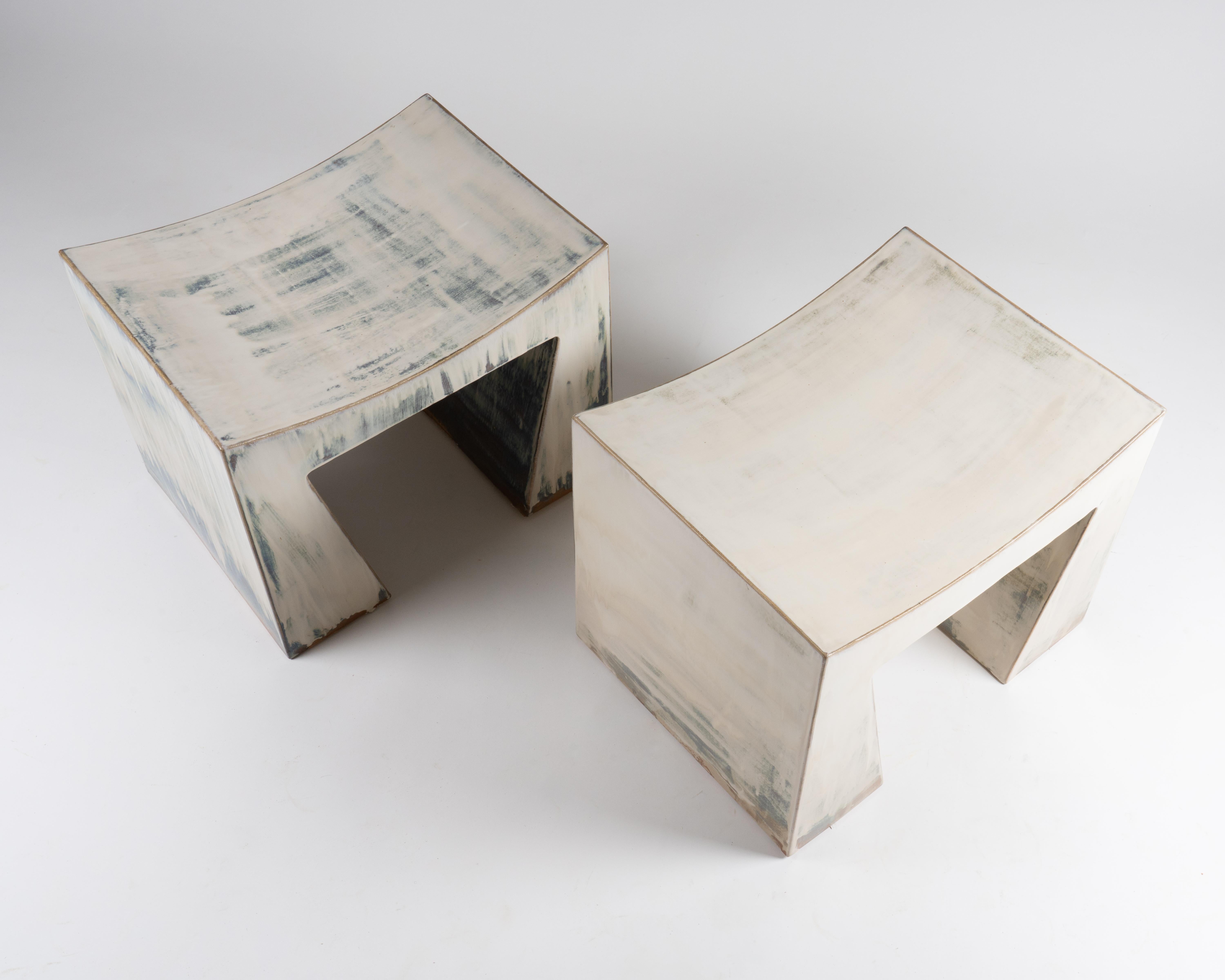 Artistic Washed Blue and Earthy Brown Contemporary Ceramic Bench by Elsa Foulon For Sale 3