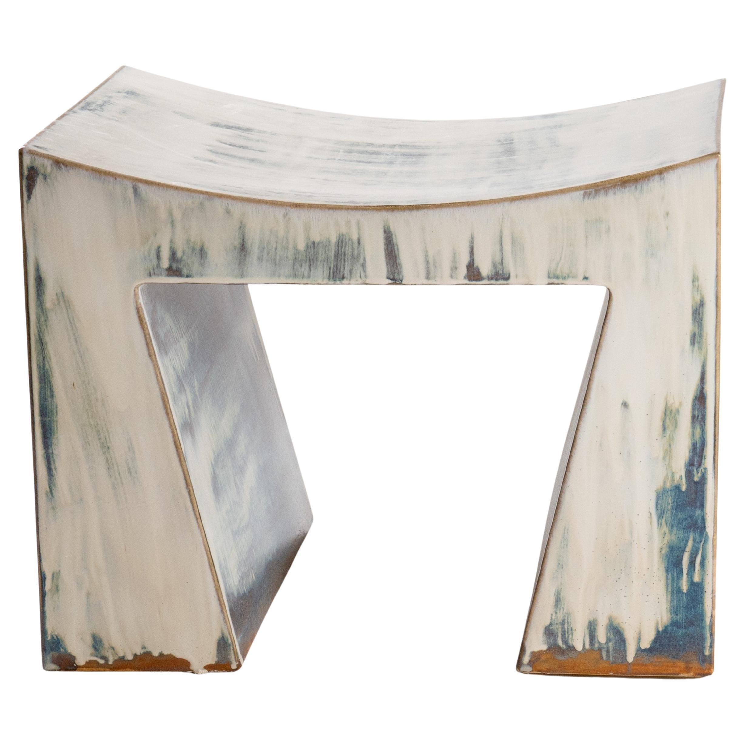 Artistic Washed Blue and Earthy Brown Contemporary Ceramic Bench by Elsa Foulon For Sale