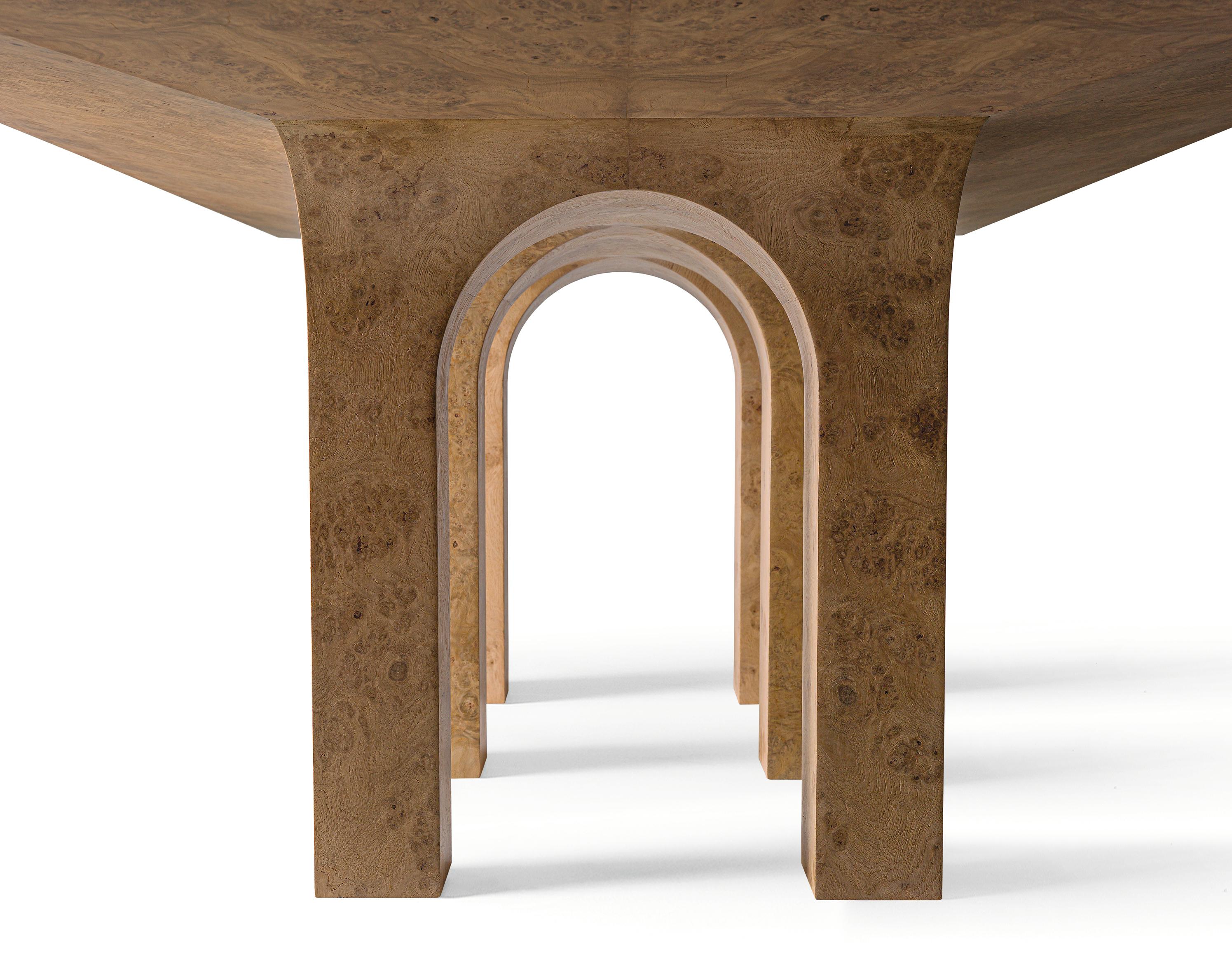 Hand-Carved ARCHI Dining Table in Oak Burl and Ebony Inlays - Arches Shaped Legs For Sale